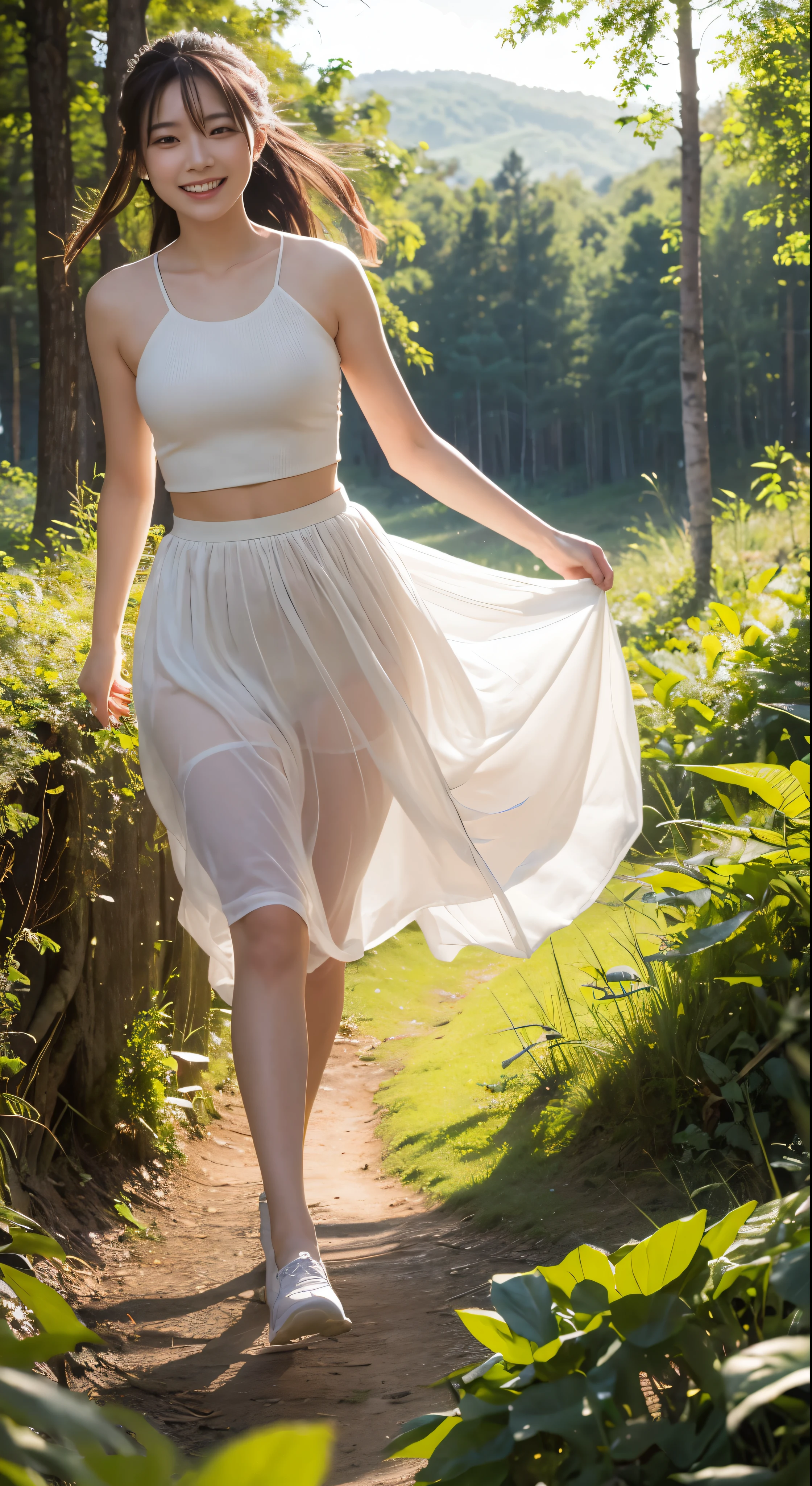 high resolution, (official art, beautiful and aesthetic: 1.2), close view, vast world, girl, running, refreshing smile, long skirt, distant horizon, forest, natural beauty, inspiration, light effect  