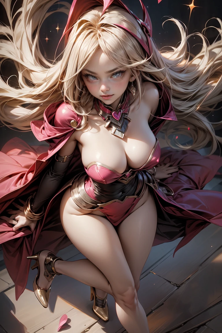 (masterpiece:1.2), (The best quality:1.2), perfect lighting, Dark Magician Girl casting a spell, in battle. floating in the air, visible . she is nakeom above, Sparkles, Yugioh game, The magic of the heart. LIGHTS OF THE HEART, romantic heart. She wears gold heels. In heels. heels