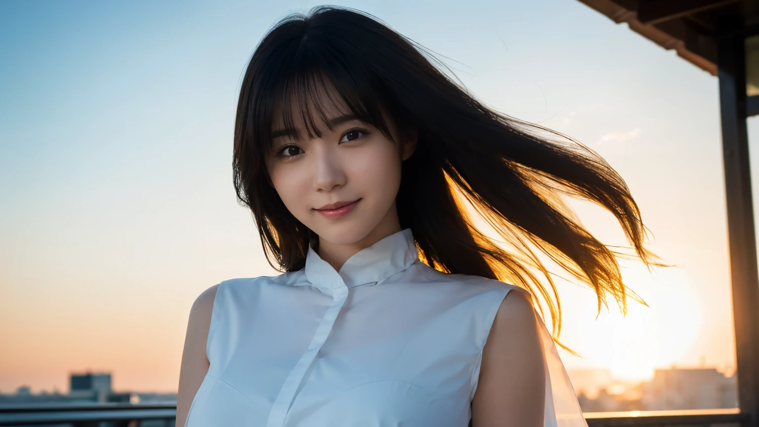 (Highest quality,masterpiece:1.3,Ultra-high resolution),(Very detailed,Caustics,8k),(Realistic:1.4,RAW shooting),Japanese,23 years old,cute,Place your finger on your lips,Are standing,(Big smile),(Looking into the camera),Black hair medium hair,Big Breasts,White blouse,Knee-length skirt,Strong winds,Hair blowing in the wind,rooftop,Backlight,sunset,sunset sky,(Bust up shot),(Face Focus:1.1),(Face close-up:1.1),Low position,Low Angle,Natural light