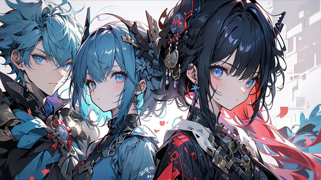 There are four people lined up. The first is a girl with red hair and a one-handed sword. The second is a boy with blue hair and a tank. The third is a magician with black hair of unknown gender. The fourth is a tall person.