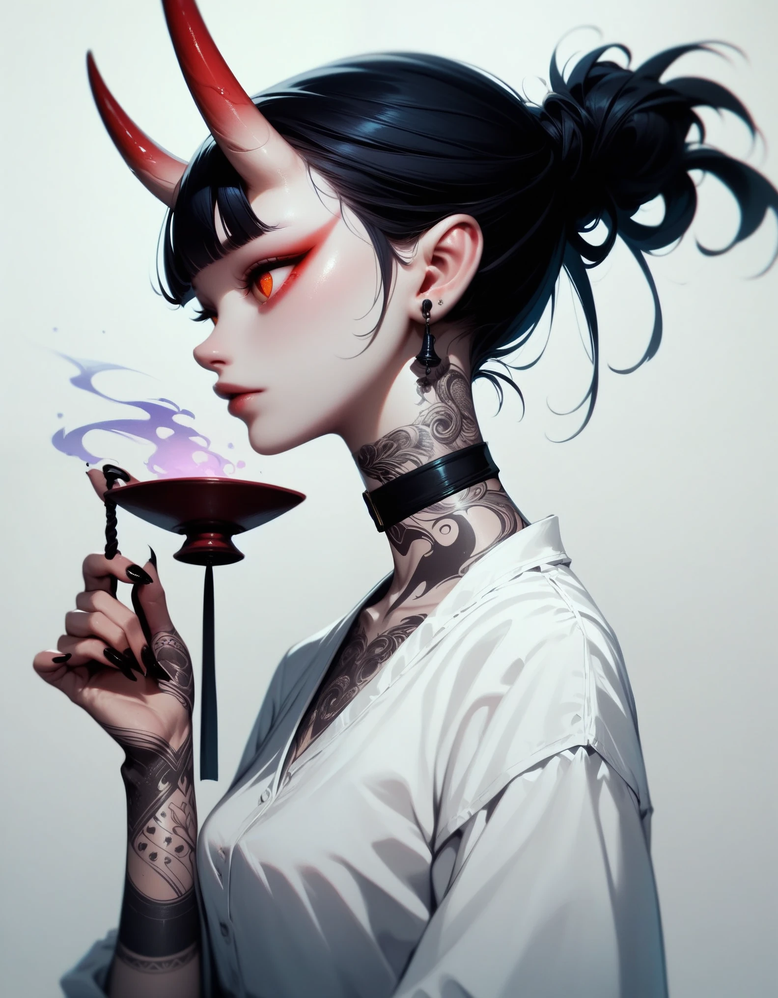 (score_9, score_8_up, score_7_up), zPDXL, 1 girl, alone, profile, thoughtful look, simple background, dark room, sitting on a chair, snake eyes, upper body, hair tied up, black hair, simple clothes, horns, white shirt, (holding a cigarette in her hand), tattoos, cigarette releasing smoke, black choker, background of a room, red oni horns, face leaning on hand, black kimono, blunt bangs, dark aura, tattoos all over body, side view, closed mouth