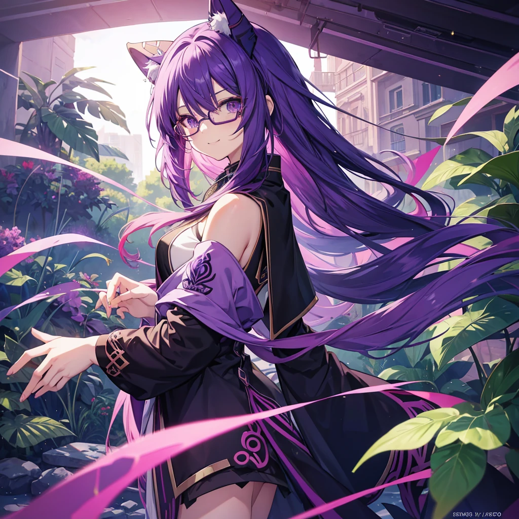 Anime girl smiling with long purple hair and purple glasses with plant power., used art stylecnvt, Anime Moe art style, stylized anime, ufotable art style, anime style. 8k, sombreado plano anime style, anime style 2 d, made with the anime painter&#39;s studio, anime style 3d, space cadet anime portrait, stylized anime, anime style plano, anime style, Not very detailed, Cartoon