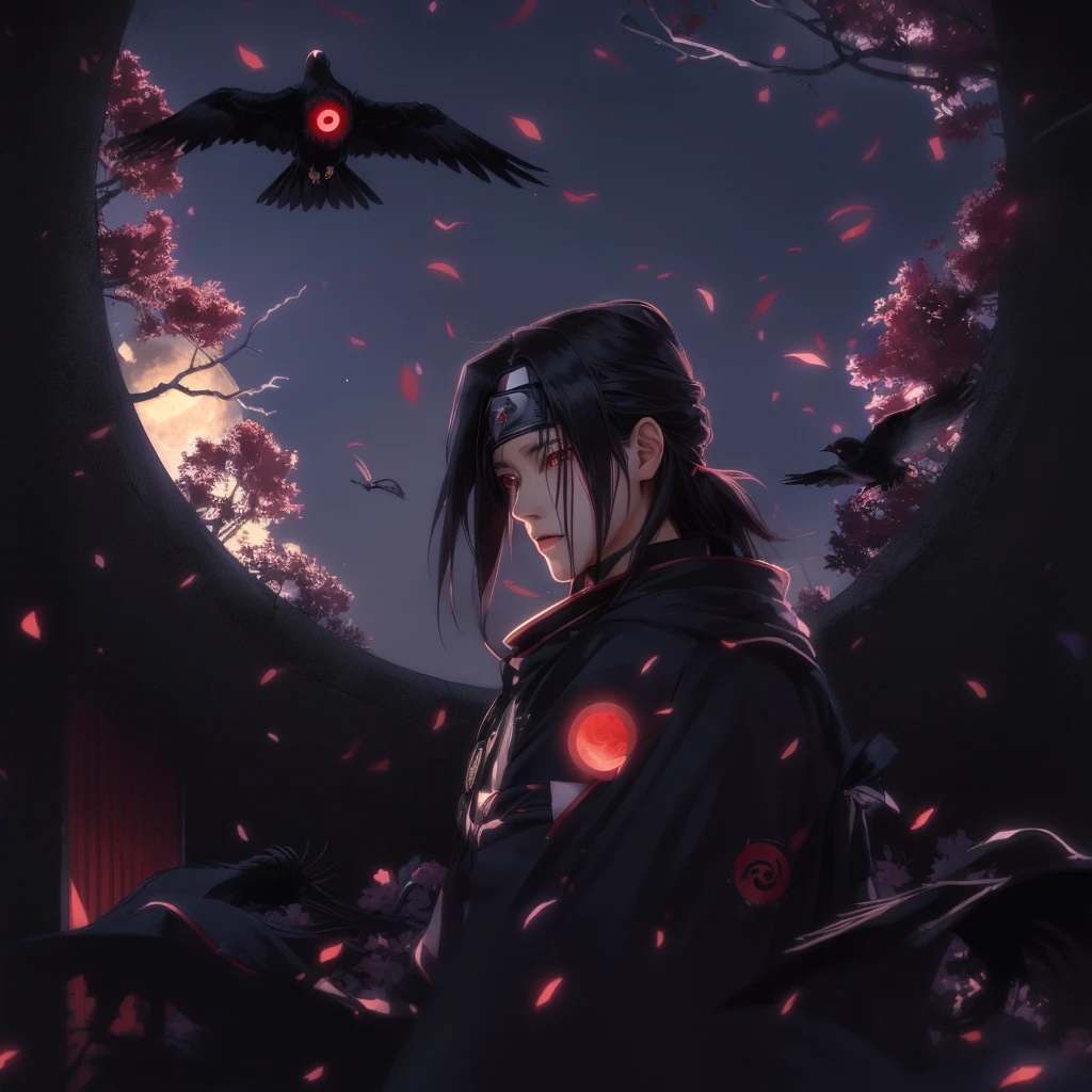 anime girl with long hair and crow flying in front of the full moon, itachi uchiha, itachi, itachi uchiha, 坏蛋动漫8 K, with bright red eyes, sasuke uchiha, akatsuki akira, by Shingei, anime wallpaper, offcial art, from naruto, anime lush john 8k woods
