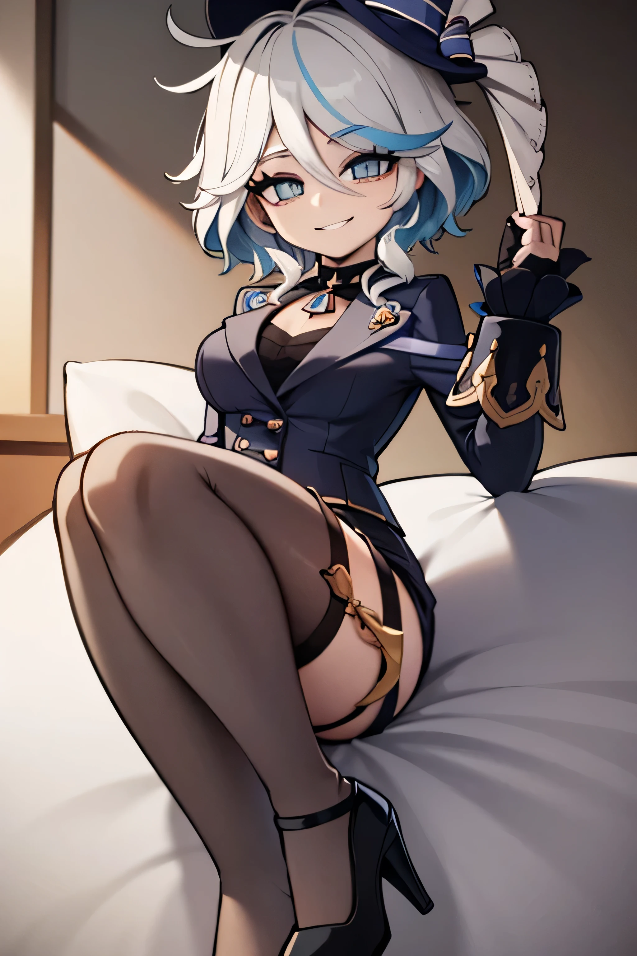 ung cute girl,, couch, smilling, short white hair,lewd face,choker, shorts, hat, thick thighs, wide hips, sitting, suit, crossing legs, long legs, high heels