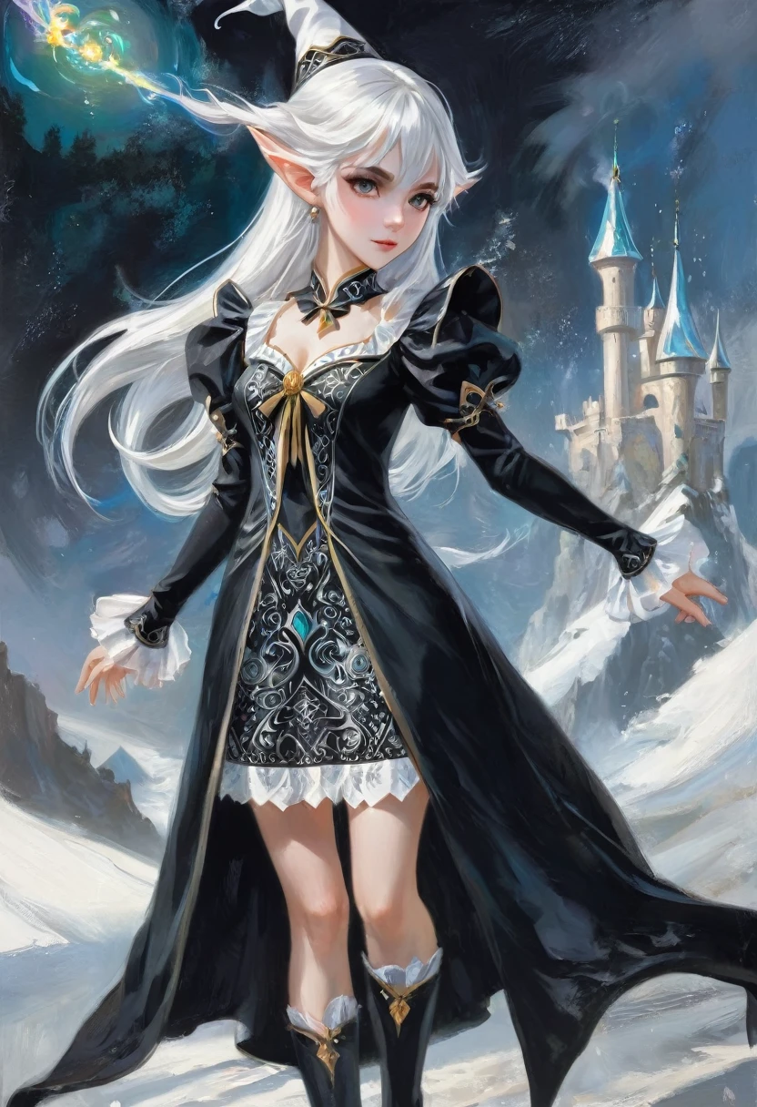 1 magician girl, expressive eyes, elf ear, white hair, black patterned clothes dress, using his magic powers, full length portrait , detail richness, masterpiece, best quality