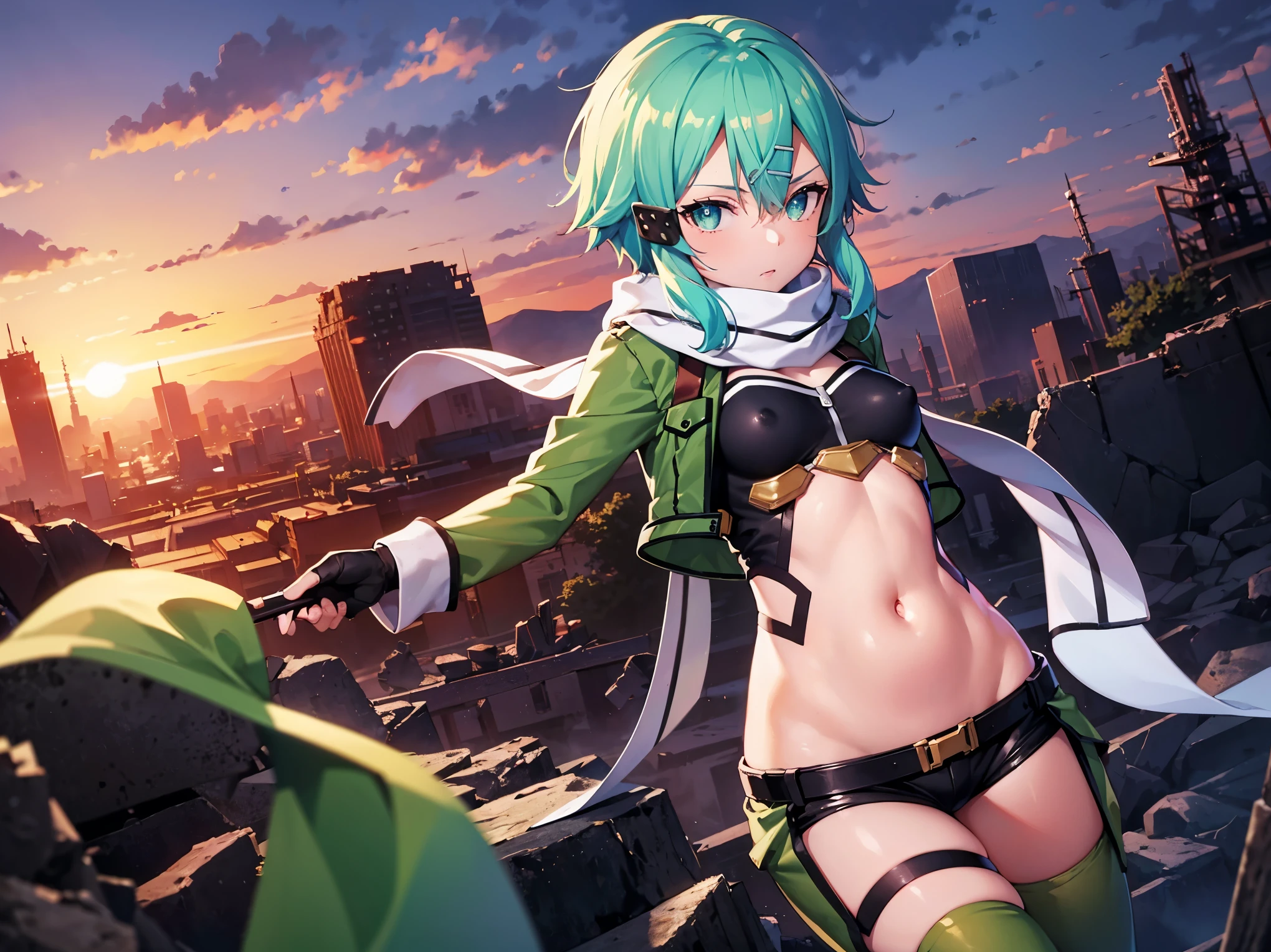 (masterpiece), best quality, expressive eyes, perfect face, highres, sinon1, scarf, fingerless gloves, long sleeves, short shorts,groin, hair ornament, hairclip, green thighhighs, green jacket,covered_nipples, thigh strap, field, sunset_ruins_landscape_background, ruined structures, dynamic_posing, looking at the viewer,,covered_navel,