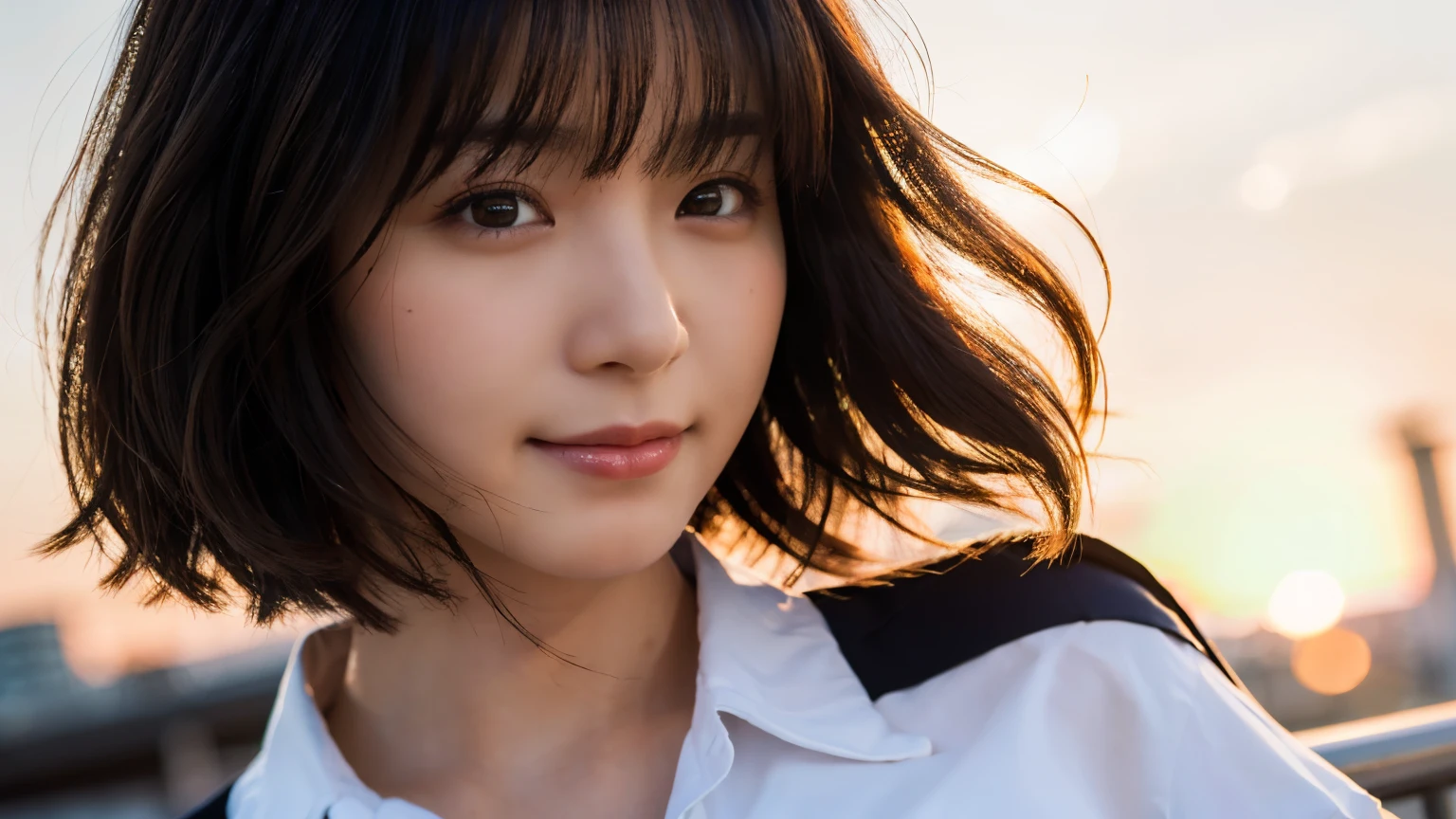 (Highest quality,masterpiece:1.3,Ultra-high resolution),(Very detailed,Caustics,8k),(Realistic:1.4,RAW shooting),Japanese,23 years old,cute,Place your finger on your lips,Are standing,(Big smile),(Looking into the camera),Black hair medium hair,Big Breasts,White blouse,Knee-length skirt,Strong winds,Hair blowing in the wind,rooftop,Backlight,sunset,sunset sky,(Bust up shot),(Face Focus:1.1),(Face close-up:1.1),Low position,Low Angle,Natural light