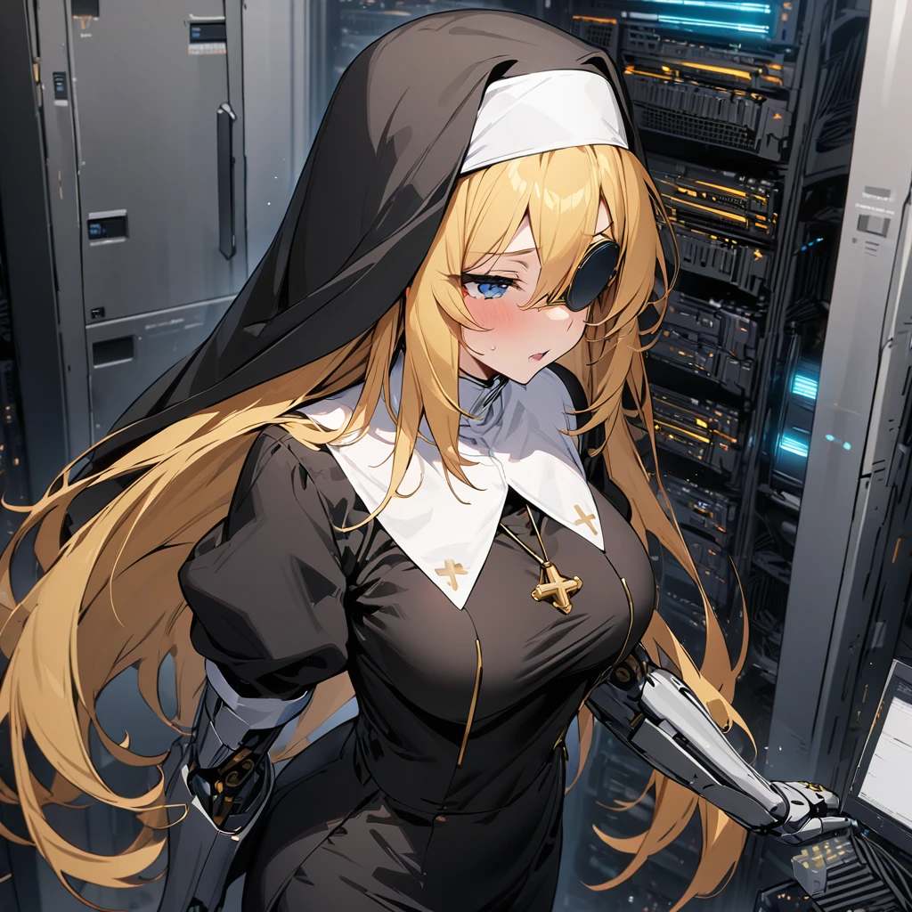 Top quality, masterpiece, high resolution, girl, golden hair,mono eye type goggles, mechanical arm,habit nun, server room, monitor room