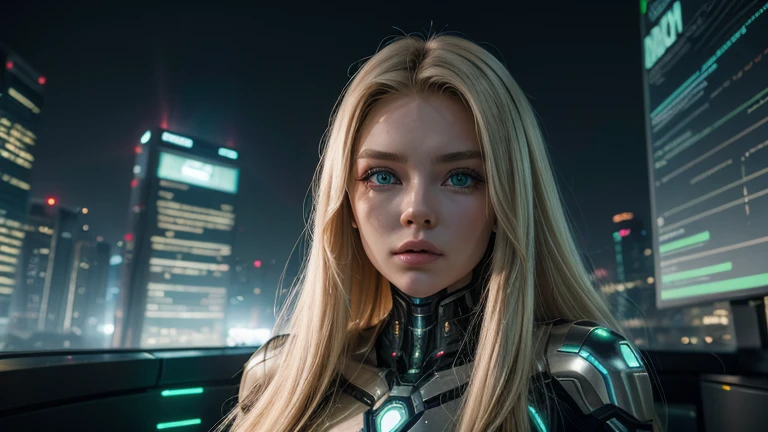 AN ADVANCED CYBERNETIC CITY AT THE CENTER OF THE UNIVERSE.
WHERE A FUTURISTIC YOUNG HUMANOID WOMAN IS FOUND.
SHE IS CHARACTERISTICS.@MICAELA BLONDE. LONG HAIR, GREEN EYES, BUT CYBERNETIC.