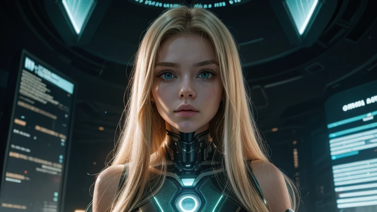AN ADVANCED CYBERNETIC CITY AT THE CENTER OF THE UNIVERSE.
WHERE A FUTURISTIC YOUNG HUMANOID WOMAN IS FOUND.
SHE IS CHARACTERISTICS.@MICAELA BLONDE. LONG HAIR, GREEN EYES, BUT CYBERNETIC.
MACRO REALIST FULLHD 8K CINEMATICALLI