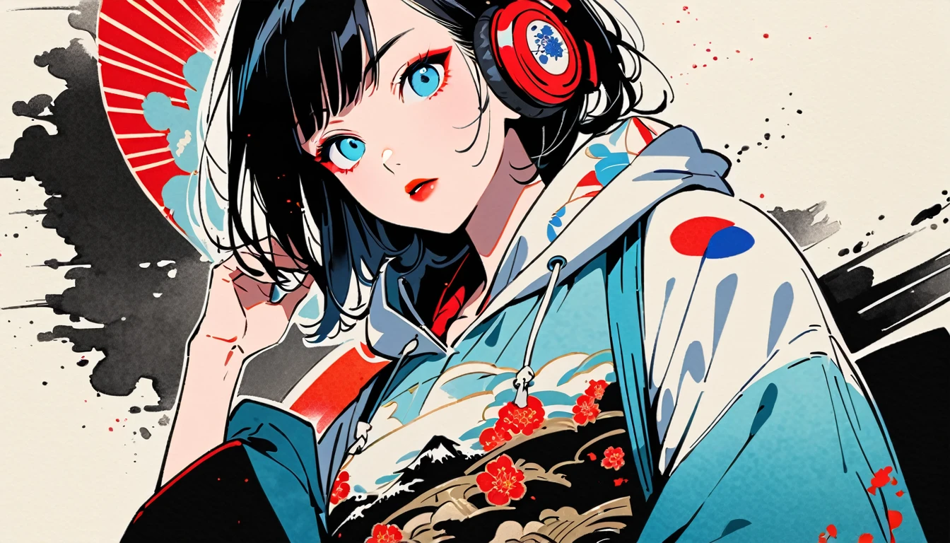 (((Ink Painting))), Fashion portrait color photos, (((from below))), (((Flashy makeup))), (((Japanese style headphones))), (((Japanese pattern hoodie))), (((Put on the hood))), Japan人の美少女, Black Hair, Delicate and precise, Modern ukiyo-e style,Japan, Japanese flag, red and blue neon