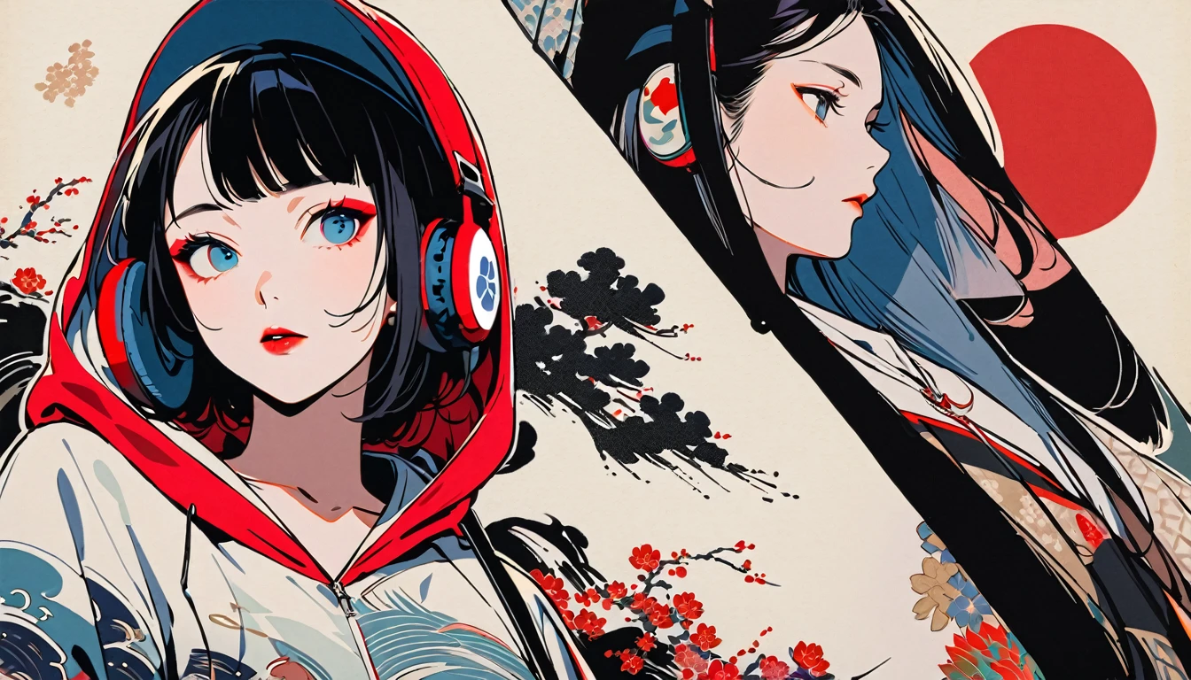 (((Ink Painting))), Fashion portrait color photos, (((from below))), (((Flashy makeup))), (((Japanese style headphones))), (((Japanese pattern hoodie))), (((Put on the hood))), Japan人の美少女, Black Hair, Delicate and precise, Modern ukiyo-e style,Japan, Japanese flag, red and blue neon