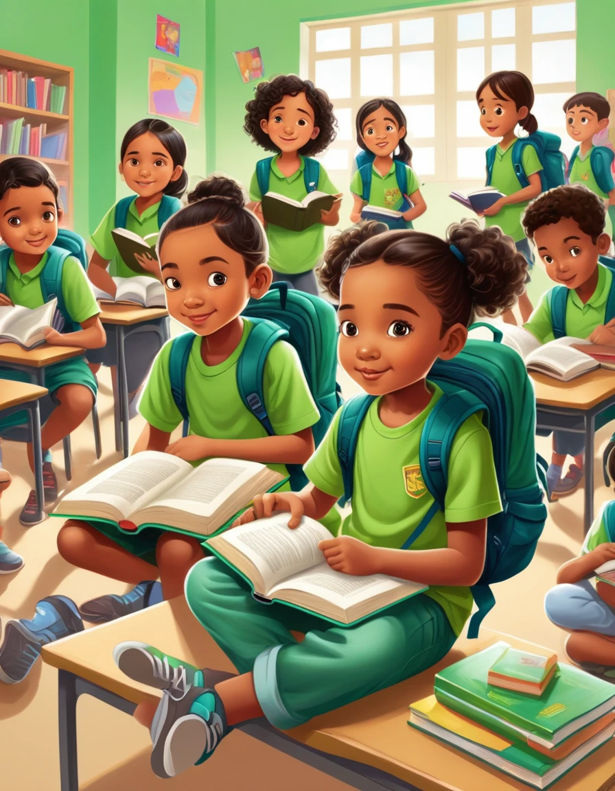 Cartoon style drawing of children of different ethnicities wearing green shirts in the foreground, with backpacks, reading books and interacting. Children are sitting in a school environment, with backpacks ao lado e cadernos abertos. The classroom background is less detailed, highlighting children and their activities. No mistakes in the eyes, neither on hands nor on feet
