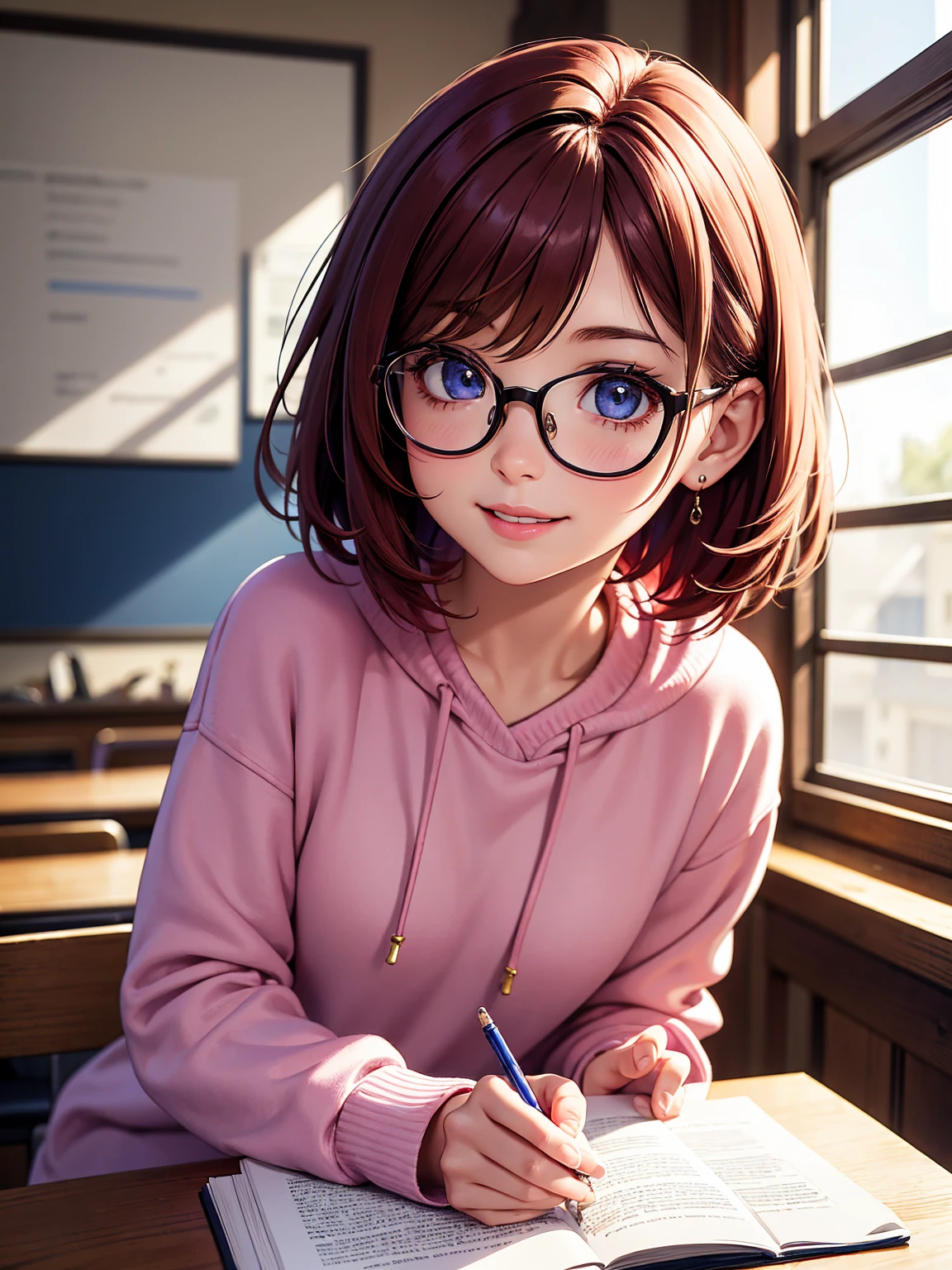 rich in detail:1.5, high resolution, Natural strokes and colors, natural lighting, face detailed, detailed hair, eye detailed, detailed nose, detailed lips. an adult and beautiful girl:1.9, wearing a pink sweatshirt, wearing prescription glasses, in the school room, with short red hair, blue colored eyes, and with a smile.