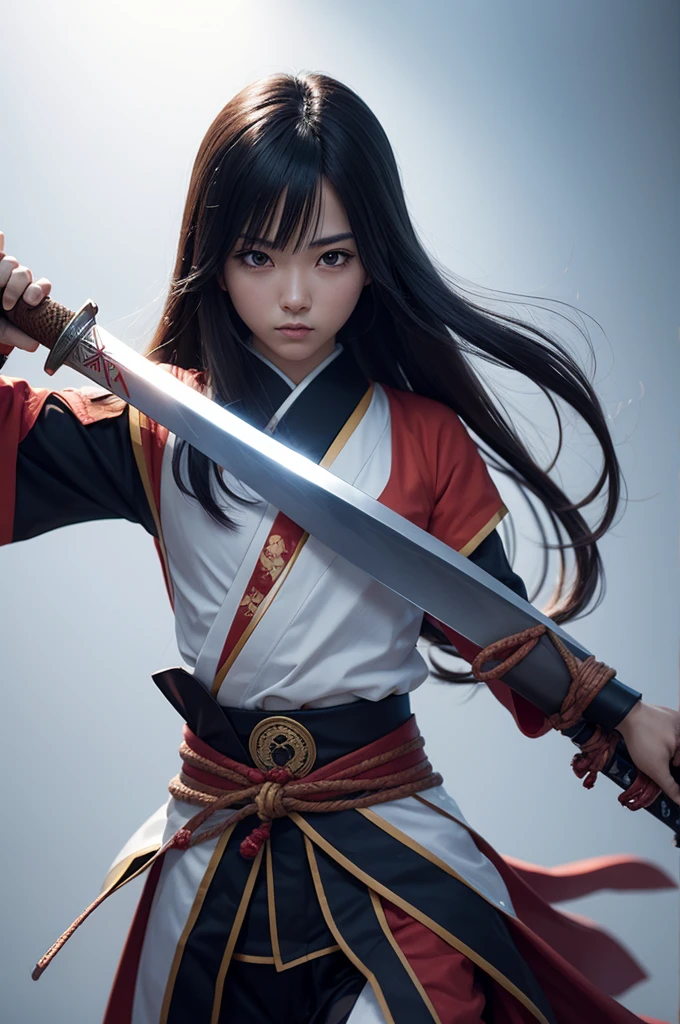 "Create a highly realistic image of a female warrior resembling Kyoukai from the manga series Kingdom. She should have a slender yet athletic build, wearing traditional Chinese armor with intricate details. Her expression is calm and focused, with a mysterious aura. She has long, flowing black hair and is holding a sword in a defensive stance. The background should depict a forest or battlefield with a dramatic sky."