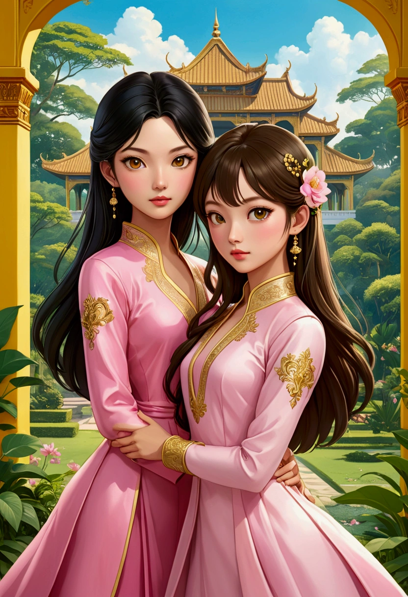 Name "The Loyal Pin(5 days!)" in an elegant 3d metallic gold font, to an idyllic image in the garden of a palace with its yellow painted walls and green windows, Thai style; of TWO beautiful women in Anime Illustration style, deeply in love. One with light brown hair, semi-long, delicate British features, brown eyes, dressed in a light blue dress and the other with delicate Asian features, long and loose black hair, brown eyes, dressed in a pink dress. illustration, 3d render, photography, realistic, anime, photography. , poster, fashion, portrait photography