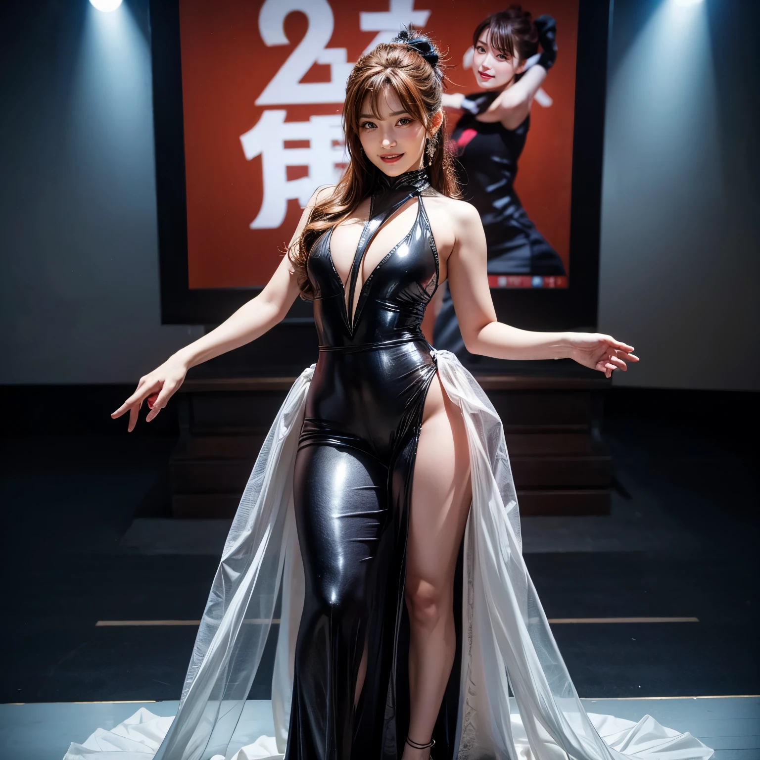 (ExtremelyDetailed((Risa Yukihira))) clearly visible the shape of Butt, Radiant PearlSkin with Transparency, (Round Girl) in sexy costume at BoxingEvent, Detailed Clothing texture, Full of (HUGE Audience) (Large Screens). (Full body shot:1.2), Epic Grand Scale, ZoomedOut, Wide-angle. ZoomLayer, (ExtremelyDetailed Beautiful Face) Dynamic Joyful Expressions LifeLike Rendering. (Exposed:0.52) PerfectLighting Ultra-detailed(8K TopQuality(masterpiece(ProfessionalPhoto:1.37)))