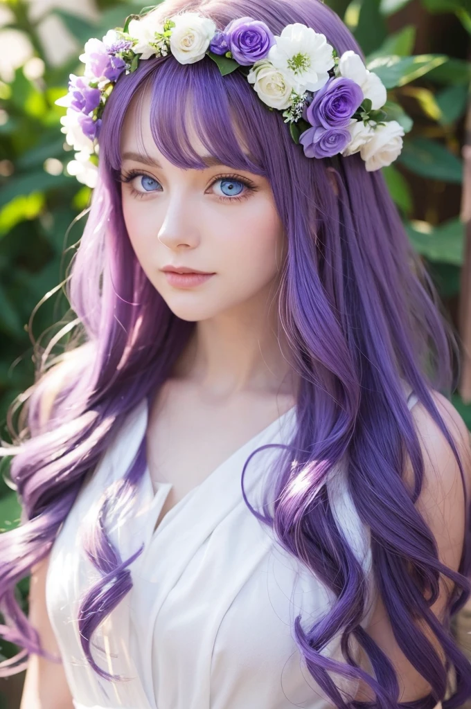 Purple hair, blue eyes, beautiful white woman, long hair, curly hair, dressed up, flower on head 