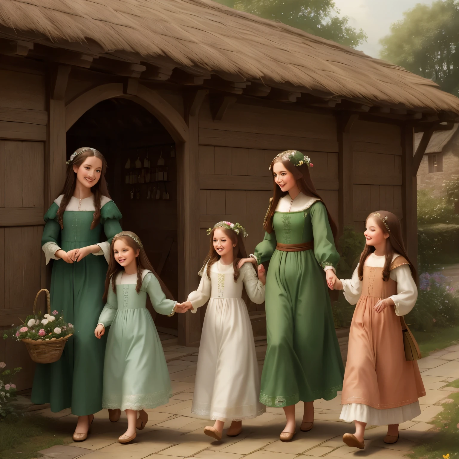 (high resolution: 1.2),Happy moment, medieval mother and 2 daughters, go shopping at village market, cheer, bunnies and duck, beautiful detailed eyes, lush green garden, long flowing hair, traditional medieval clothes,