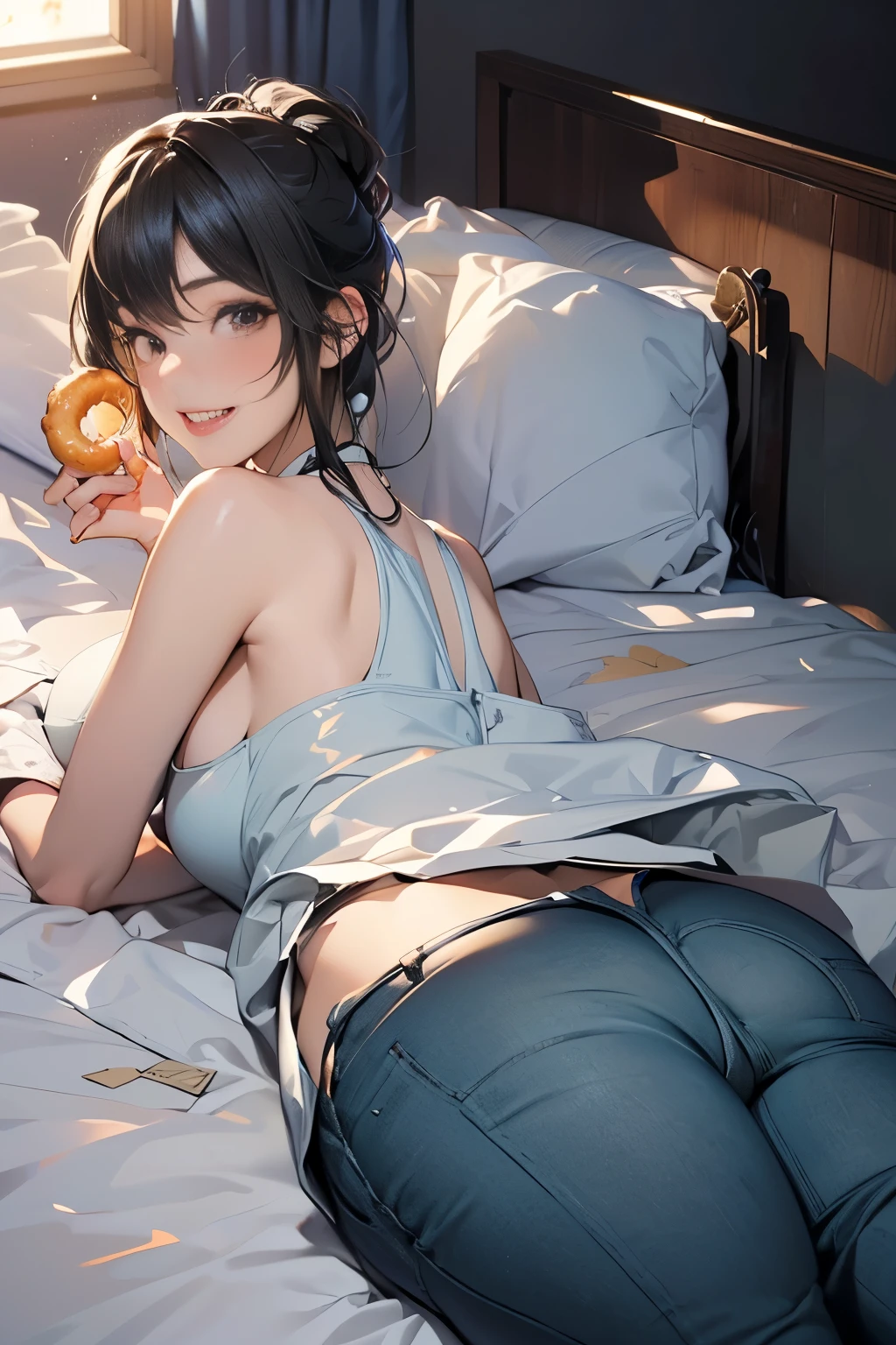 ((Masterpiece, top quality, high resolution, highly detailed CG unified 8K wallpaper)), Girl eating donut in bed, (lying on white sheets, wearing tank top and pants:1.5), smiling with joy, mouth wide open, big butt, thighs visible, view from behind, view from below, colorful wallpaper,