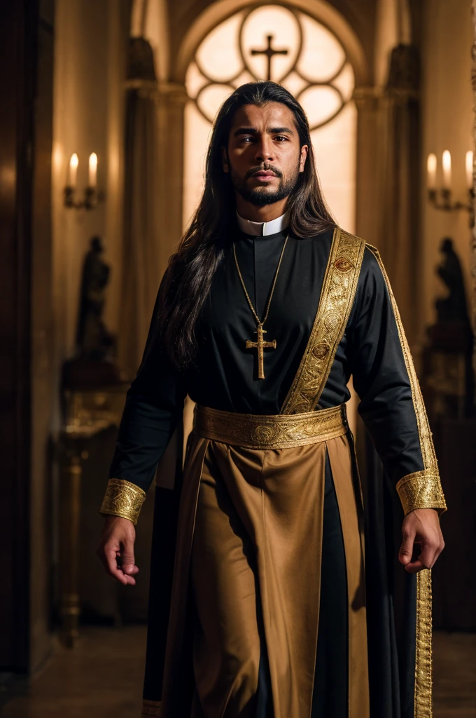 a hot latino catholic priest with long hair, muscular pectorals through cassock, a prominent bulge in his tight cassock, hyper detailed, photorealistic, high resolution, 8k, best quality, cinematic lighting, dramatic atmosphere, rich colors, intricate details