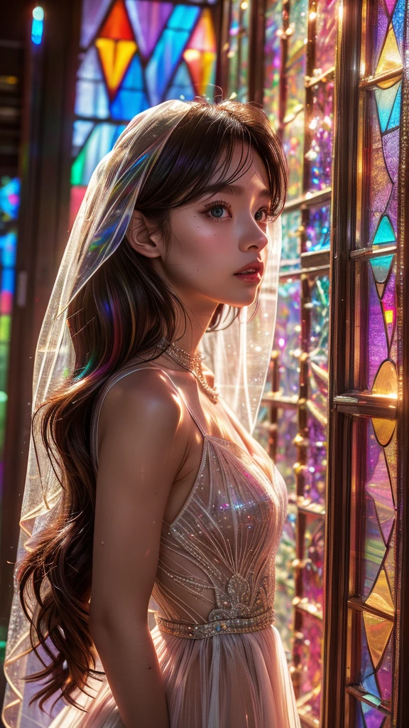 Ruby red (Zoom Layer) Top quality 8K masterpieces ((Professional photos)), (((Clarice from Cagliostro))) (Detailed white wedding dress), Lock, (((Highly detailed KAWAII face))) {((Veil Face))|Blonde|(Exquisite BlueEyes)and(Sparkling Highlights:1.28)}, The background is far away (((Exquisite stained glass))) Rainbow Glass, {(Mystic Site)|Enchanting atmosphere|mist|(Godrays)|Tyndall effect}, Radiant PearlSkin and Transparency, (Expose:0.39)