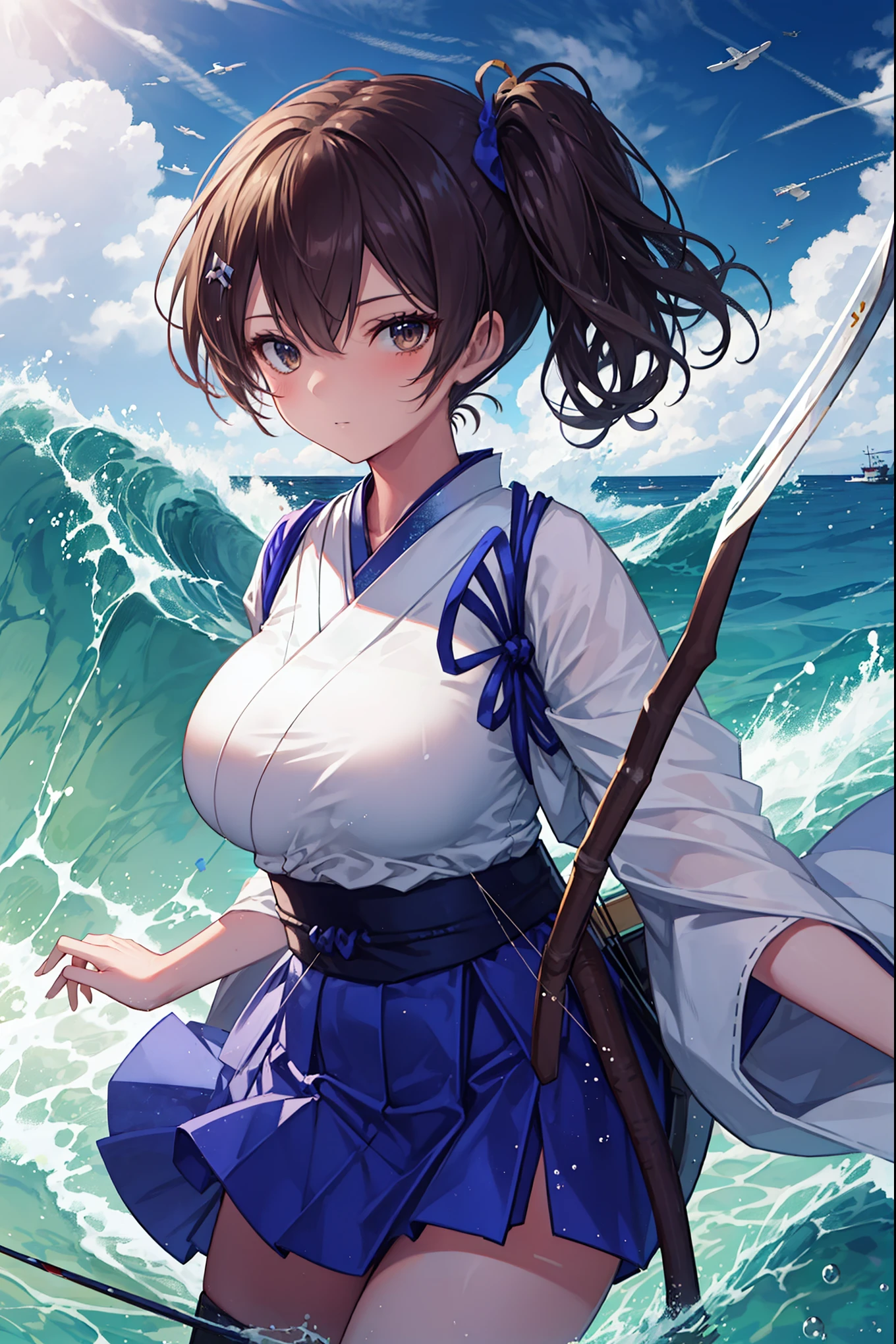 Kaga(Fleet Collection),highest quality, masterpiece, High resolution,kimono,blue skirt,side ponytail,big_breasts,solo,Japanese_bow&arrow,dynamic_posing,half_eyes,solo,plump,sea_landscape_background,waves