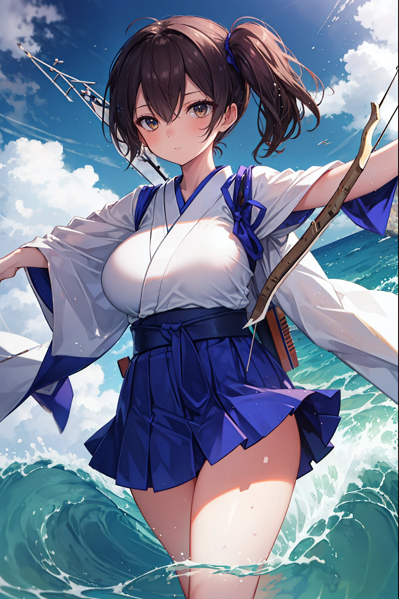 Kaga(Fleet Collection),highest quality, masterpiece, High resolution,kimono,blue skirt,side ponytail,big_breasts,solo,Japanese_bow&arrow,dynamic_posing,half_eyes,solo,plump,sea_landscape_background,waves