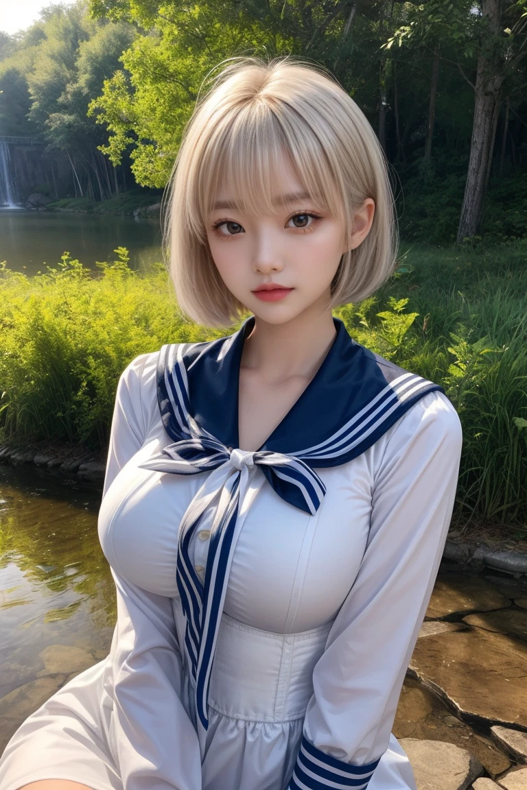 reflected light、Platinum blonde hair with dazzling highlights、Shiny Hair、beautiful shiny bangs、bright, clear, Charm, large blue eye、A very beautiful, adorable and cute girl.、Ample Bust、Beautiful detailed eye、 Beautifully detailed nose,((whole body:1.5)),eyeを強調するメイク、Scattered beneath the surface、Glamorous details、Nature background、Super huge breasts、((Cinematic))、(Loose and fluffy perm:1.4)、1 girl、((Bob Hair:1.3))、超Genuineな8K CG、絵に描いたようなperfectionなperfectionな顔、perfection、clean、masterpiece、Professional artwork、 Famous works of art、perfectionな顔、Beautiful Face、美しいeyeのない女性の体))、alone、(Immersive atmosphere、Claire Obscure:1.5、bright light:1.2、bright lighting)、(blush:0.5)、Captivating look、Very detailed_eye、Beautifully detailed backgrounds、Written boundary depth、Genuine:1.3、Long Shot、whole body、(Zhou Haoguang:1.3)、(Cinematic composition:1.3)、(Puffy eye:1.2)、(Slim legs)、(Light on face and chest)、(((((Underbust)))))、Under the chest、Oily skin、thin、 Mature Woman、Light blue hair、((bright灰色の髪))、(((Two-tone hair)))、Slender women、Cute Woman、 8K Ultra HD,Detailed face、Delicate texture, ((Sailor suit))、((Sailor suitを着た女の子))、(At dusk)、(Seated Girl)、River side、bank、garden