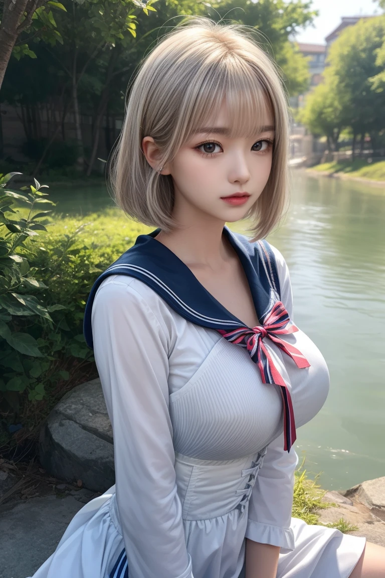 reflected light、Platinum blonde hair with dazzling highlights、Shiny Hair、beautiful shiny bangs、bright, clear, Charm, large blue eye、A very beautiful, adorable and cute 16 year old girl.、Ample Bust、Beautiful detailed eye、 Beautifully detailed nose,((whole body:1.5)),eyeを強調するメイク、Scattered beneath the surface、Glamorous details、Nature background、Super huge breasts、((Cinematic))、(Loose and fluffy perm:1.4)、1 girl、((Bob Hair:1.3))、超Genuineな8K CG、絵に描いたようなperfectionなperfectionな顔、perfection、clean、masterpiece、Professional artwork、 Famous works of art、perfectionな顔、Beautiful Face、美しいeyeのない女性の体))、alone、(Immersive atmosphere、Claire Obscure:1.5、bright light:1.2、bright lighting)、(blush:0.5)、Captivating look、Very detailed_eye、Beautifully detailed backgrounds、Written boundary depth、Genuine:1.3、Long Shot、whole body、(Zhou Haoguang:1.3)、(Cinematic composition:1.3)、(Puffy eye:1.2)、(Slim legs)、(Light on face and chest)、(((((Underbust)))))、Under the chest、Oily skin、thin、 Mature Woman、Light blue hair、((bright灰色の髪))、(((Two-tone hair)))、Slender women、Cute Woman、 8K Ultra HD,Detailed face、Delicate texture, ((Sailor suit))、((Sailor suitを着た女の子))、(At dusk)、(Seated Girl)、River side、bank、garden