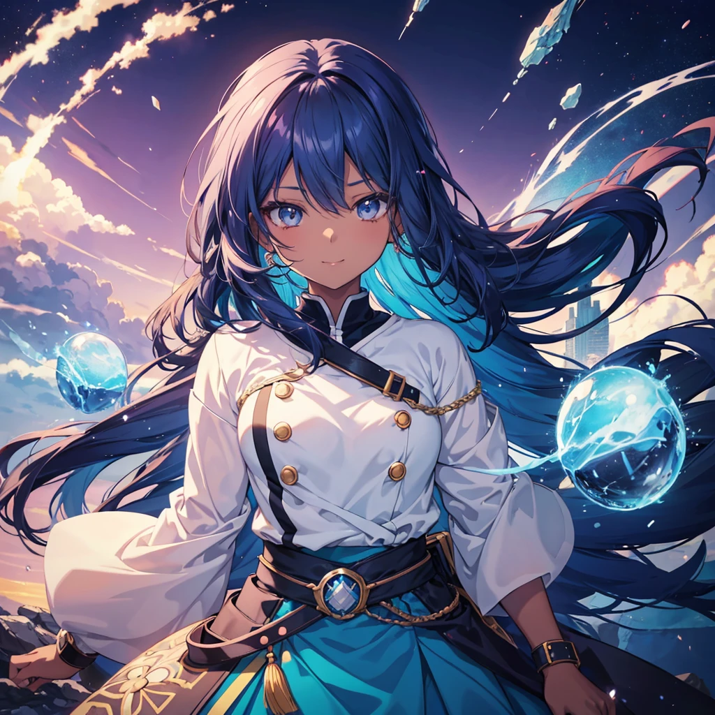 Smiling anime girl with long dark blue hair and brown skin with ice power., used art stylecnvt, Anime Moe art style, stylized anime, ufotable art style, anime style. 8k, sombreado plano anime style, anime style 2 d, made with the anime painter&#39;s studio, anime style 3d, space cadet anime portrait, stylized anime, anime style plano, anime style, Not very detailed, Cartoon