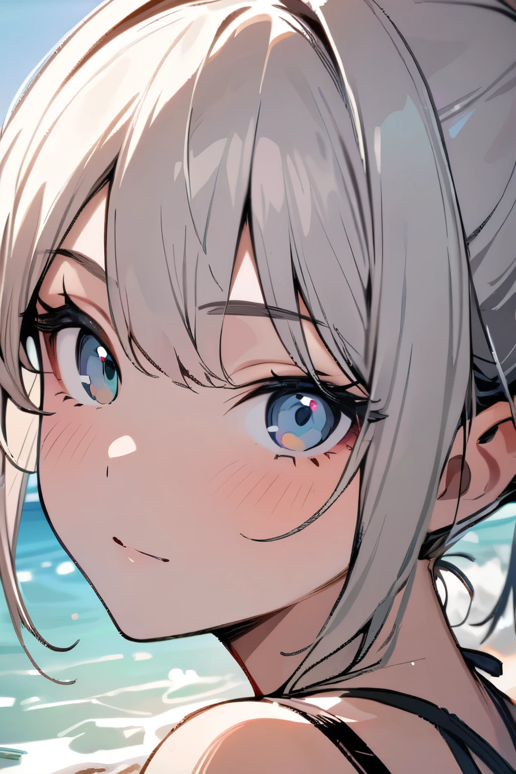 Masterpiece, best quality, close to the camera, close-up of face, beautiful girl, beautiful face, ponytail, swimsuit,