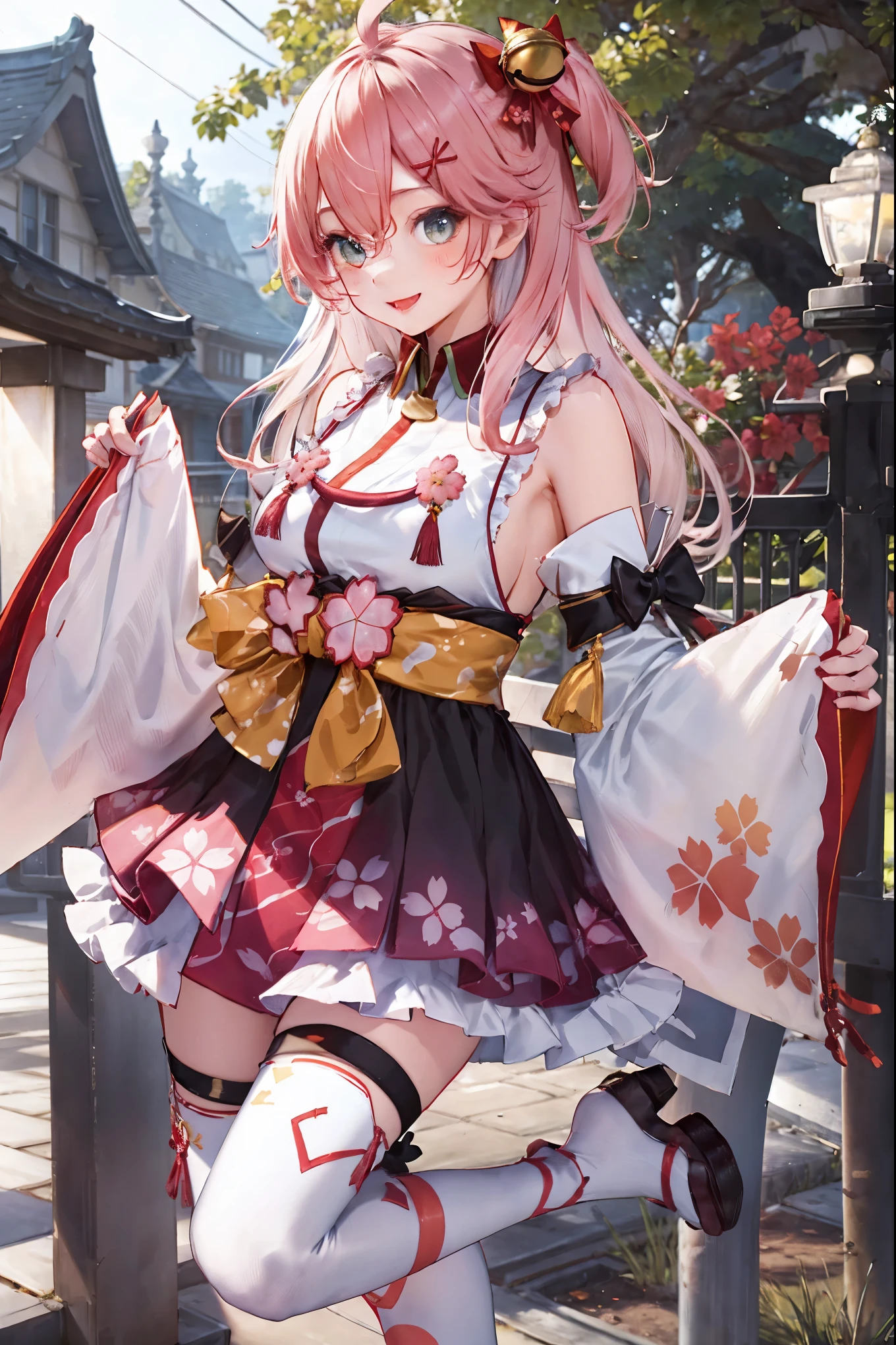 masterpiece, best quality, highres, miko1, sakura_miko, 1girl, big_boobs, solo, ahoge, x_hair_ornament, pink_hair, floral print, hairclip,(side_less_clothes:1.5), (side_boobs:1.5), hair_bell, floral print, long_hair, hair between eyes, one side up, white thighhighs, asymmetrical legwear, wide sleeves, open_mouth,(happy:1.3),gleen_eyes,big_smile,(rise_leg:1.3),plump,apart_legs,(overly_long_sleeves:1.3),),sleeves_past_wrists,hands_hidden_sleeves,sidelock_clothes,dynamic_posing,solo,hidden_wrists,(XD:1.4),covered_nipples,sunlight,cherryblossom_temple_landscape_background,