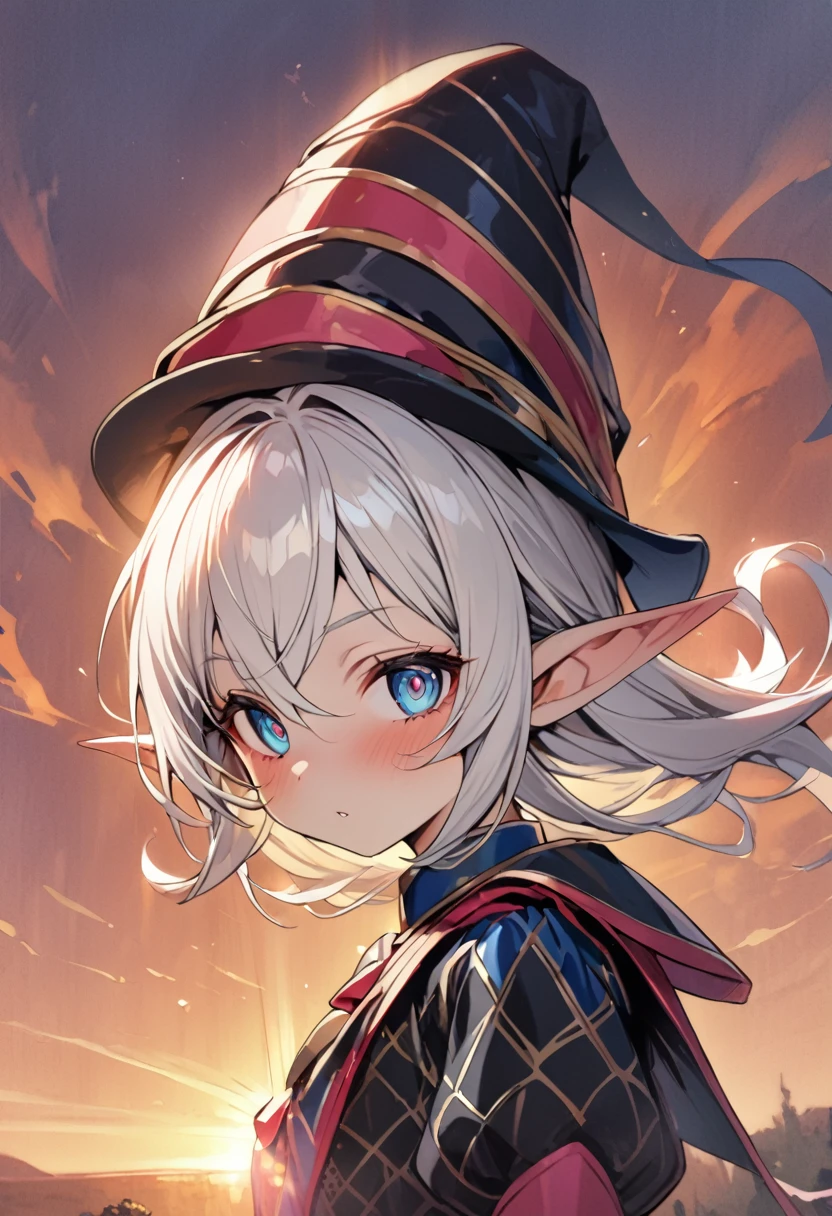 1 magician girl, expressive eyes, elf ear, white hair, black patterned clothes dress, using his magic powers, full length portrait , sunset in background, detail richness, masterpiece, best quality