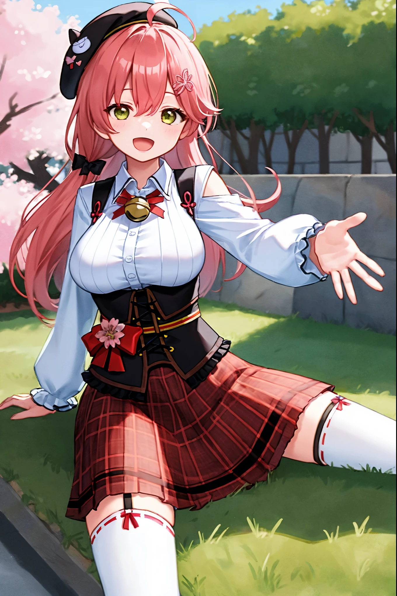 Tabletop, Highest_quality, height_solve, Miko 2,ponytail, One girl, Ahoge, Black Hat, hair ornaments, White shirt, Black knee socks, Pink Hair, red_skirt, very_short_skirt, plaid skirts, garter_strap, Collared shirt, Barrette, Frills, bangs, eyeの間の毛, frills skirt, beret, Pleated skirt, Hair Flower, Neck bell, , Fluffy long sleeves, Black Bow, Underbust, smile, (big_chest:1.3),Covered_Nipples, green_eye, Happy, dynamic_angle,Spread the word_feet,(big_smile:1.2),Plump,Open_mouth,shout,half_eye,Cherry Blossom_garden_landscape_background,