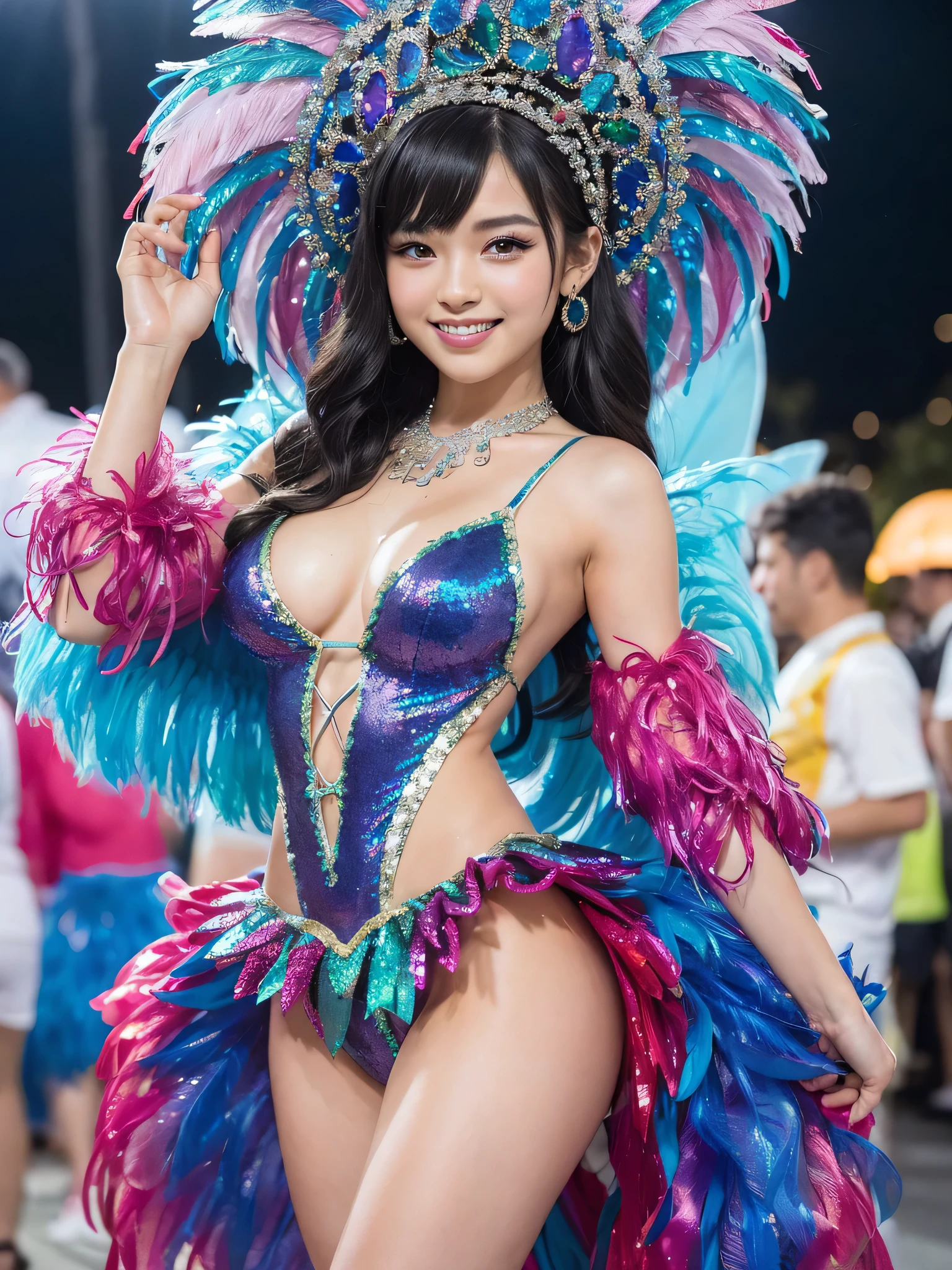 (1girl), kawaii, 18yo, (happy smile:1.2), cute face, (samba carnival costume, beautiful iridescent costume:1.3), (Best Quality:1.4), Realistic, extremely detailed CG unified 8k wallpaper, highly detailed, professional photography, Realistic portrait, Outdoors, (samba carnival festival:1.2), (samba carnival, lively festivals, lots of people), (Samba carnival dancer costume, gorgeous, luxurious, wonderful costume, sexy costume, glittering, gorgeous, sequins, elegant:1.2), (Fine face:1.2),