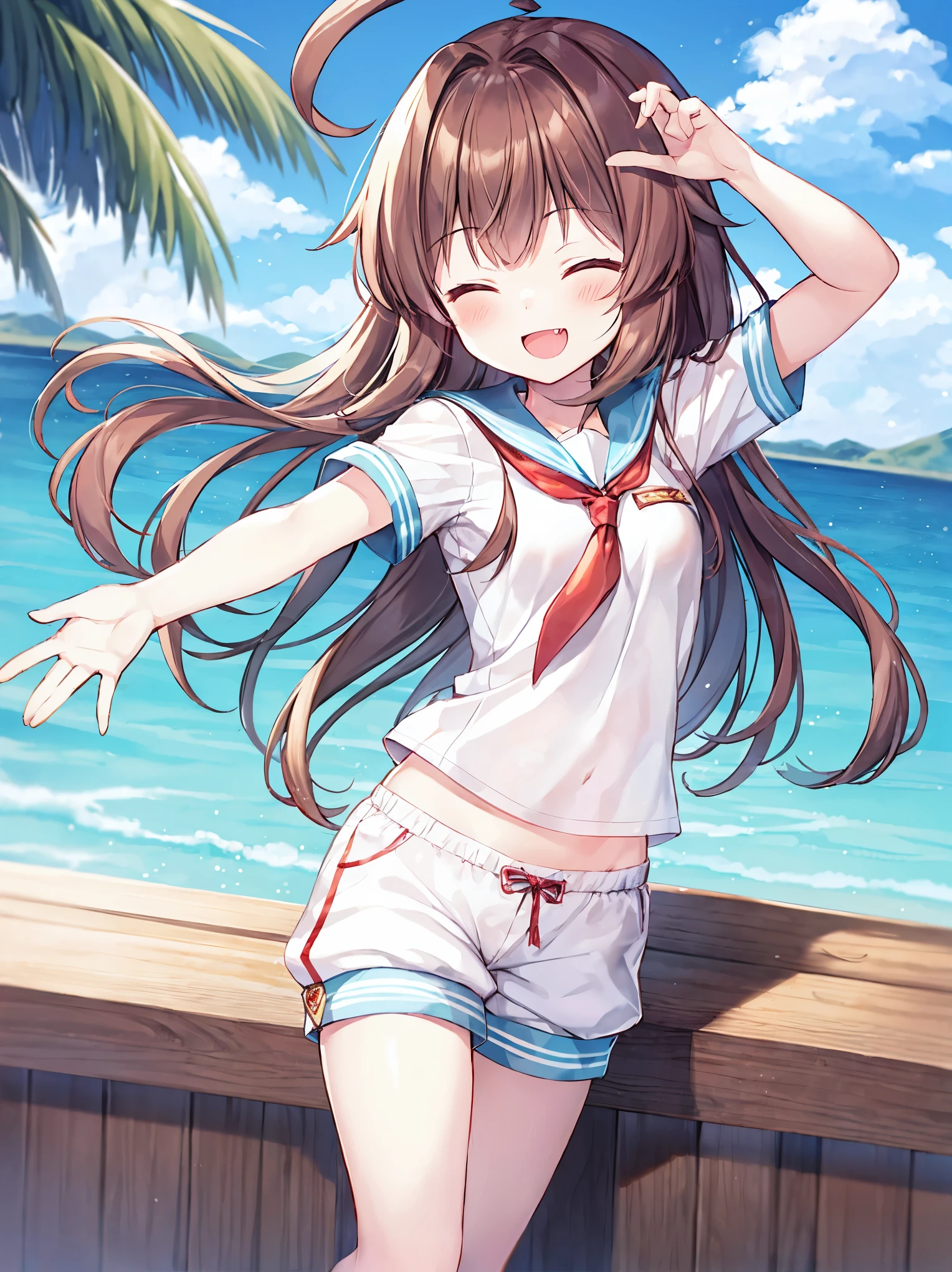 1young_teen_ girl,  brown_hair, long_hair, sailor_uniform,white_ baggy_shorts, short_sleeve, thighs, small_breasts, big_smile, open_mouth, fang, harbor_landscape_background, slightly_spread_legs, happiness, covered_crotch,ahoge,XD,exciting_posing,closed_eyes