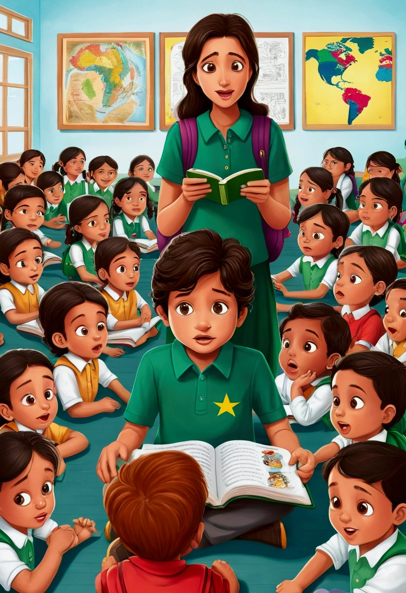 It shows the malaria mosquito biting the children and the children having a fever toddler of Imran Khan(former prime minister of PAKISTAN) Cartoon style drawing of children of different ethnicities wearing green shirts in the foreground, with backpacks, reading books and interacting. Children are sitting in a school environment, with backpacks ao lado e cadernos abertos. The classroom background is less detailed, highlighting children and their activities. No mistakes in the eyes, neither on hands nor on feet No mistakes in the eyes, neither on hands nor on feet