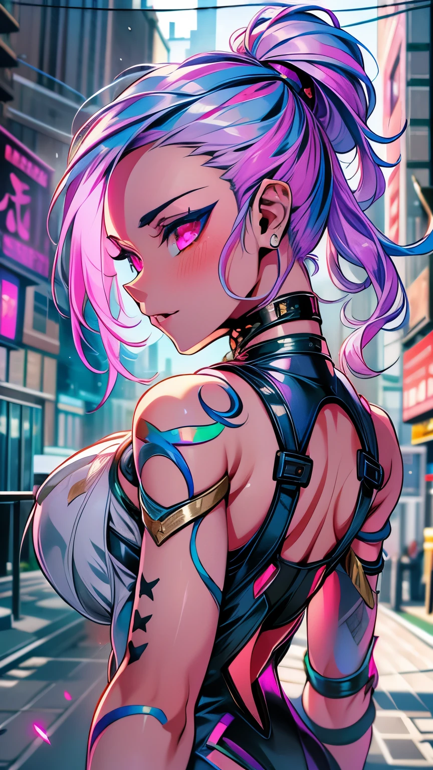 best quality, super fine, 16k, incredibly absurdres, extremely detailed, delicate and dynamic, beautiful female warrior, rainbow braided ponytail, cool and attractive look, metallic red eyes, amazing proportions, translucent iridescent reinforced bodysuit, (future punk, background ruined city:1.4)