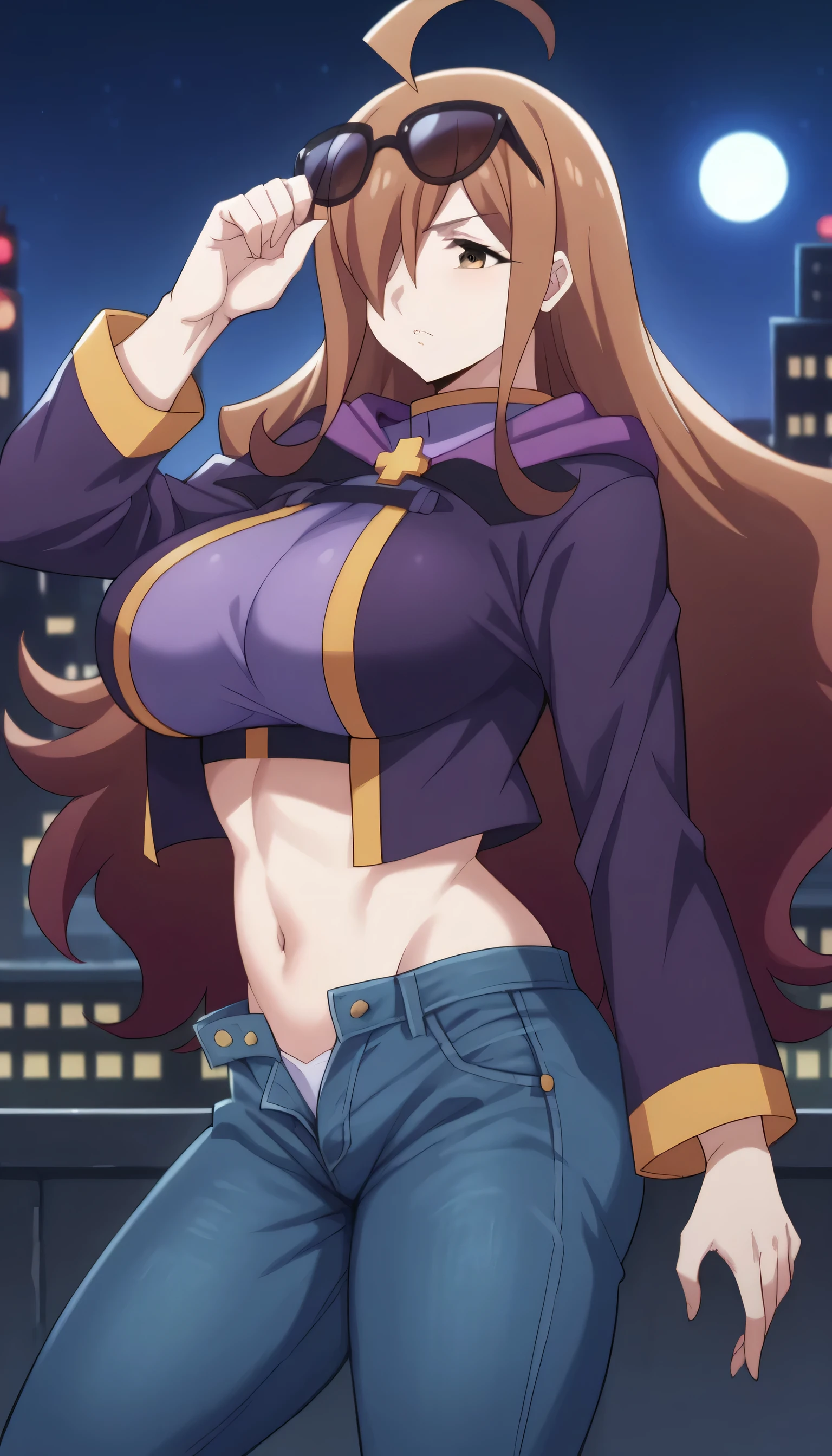   wiz, ahoge, brown eyes, light brown hair, hair over one eye, long hair, 
a cartoon image of a woman with a very big breast,pixiv, mannerism, seductive anime girl, beautiful alluring anime teen, oppai, cell shaded adult animation, big breasts!!, with a large breasts, attractive anime girl, big breasts!, ecchi, ecchi anime style, 8k, HD, detailed, moon in the background, wallpaper
detailed hair, beautiful woman, serious, shy, fitness body, black crop jacket white crop top, loose Upper clothes, opened button jeans, dynamic pose,  future city, night, city lights,Dark glasses on the head ,Dark sunglasses 
