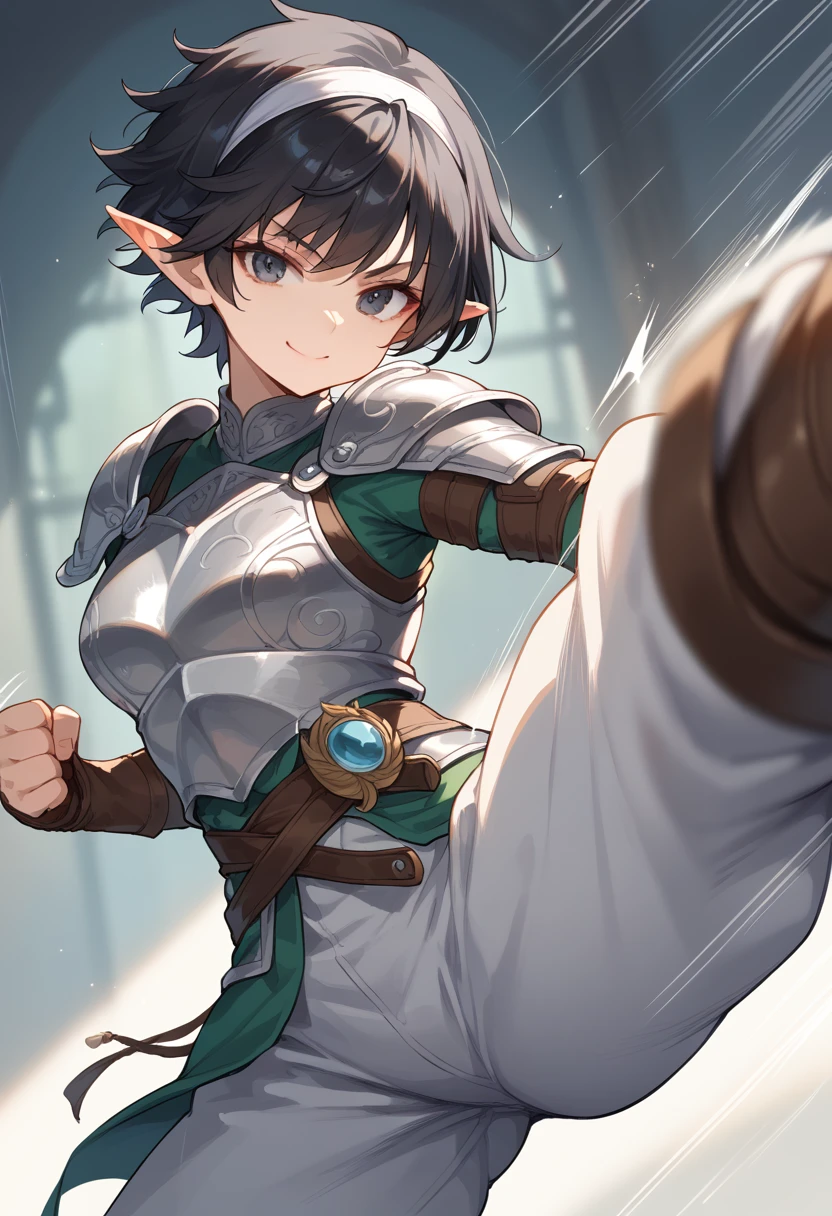 score_9, score_8_up, score_7_up, 1woman, solo, pixie hair, elf, warm smile, tired smile, light leather armor, kicking, kicking at viewer, looking at viewer, motion lines, motion blur, white headband, black hair,