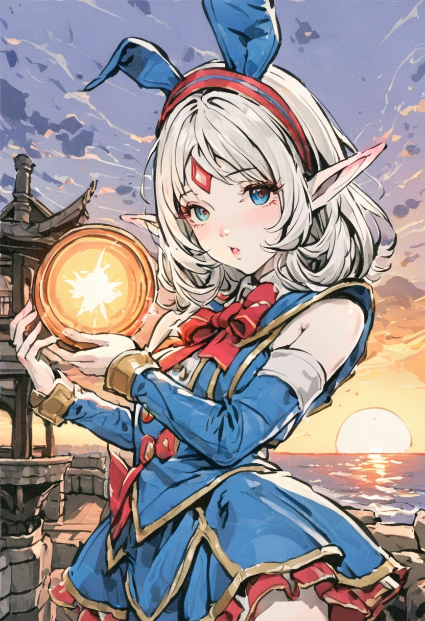 1 magician girl, expressive eyes, elf ear, white hair, black patterned clothes dress, using his magic powers, full length portrait , sunset in background, detail richness, masterpiece, best quality