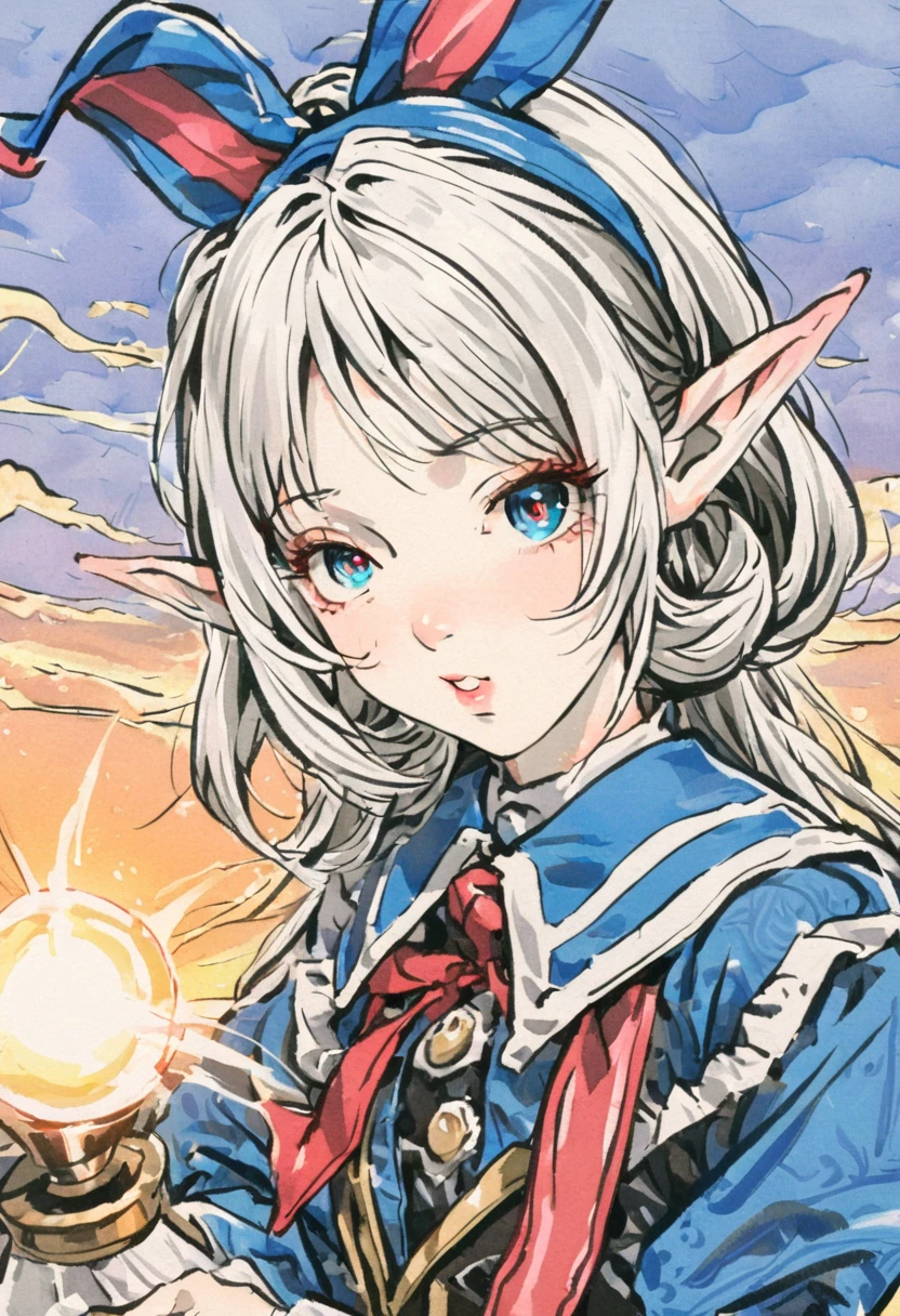 1 magician girl, expressive eyes, elf ear, white hair, black patterned clothes dress, using his magic powers, full length portrait , sunset in background, detail richness, masterpiece, best quality