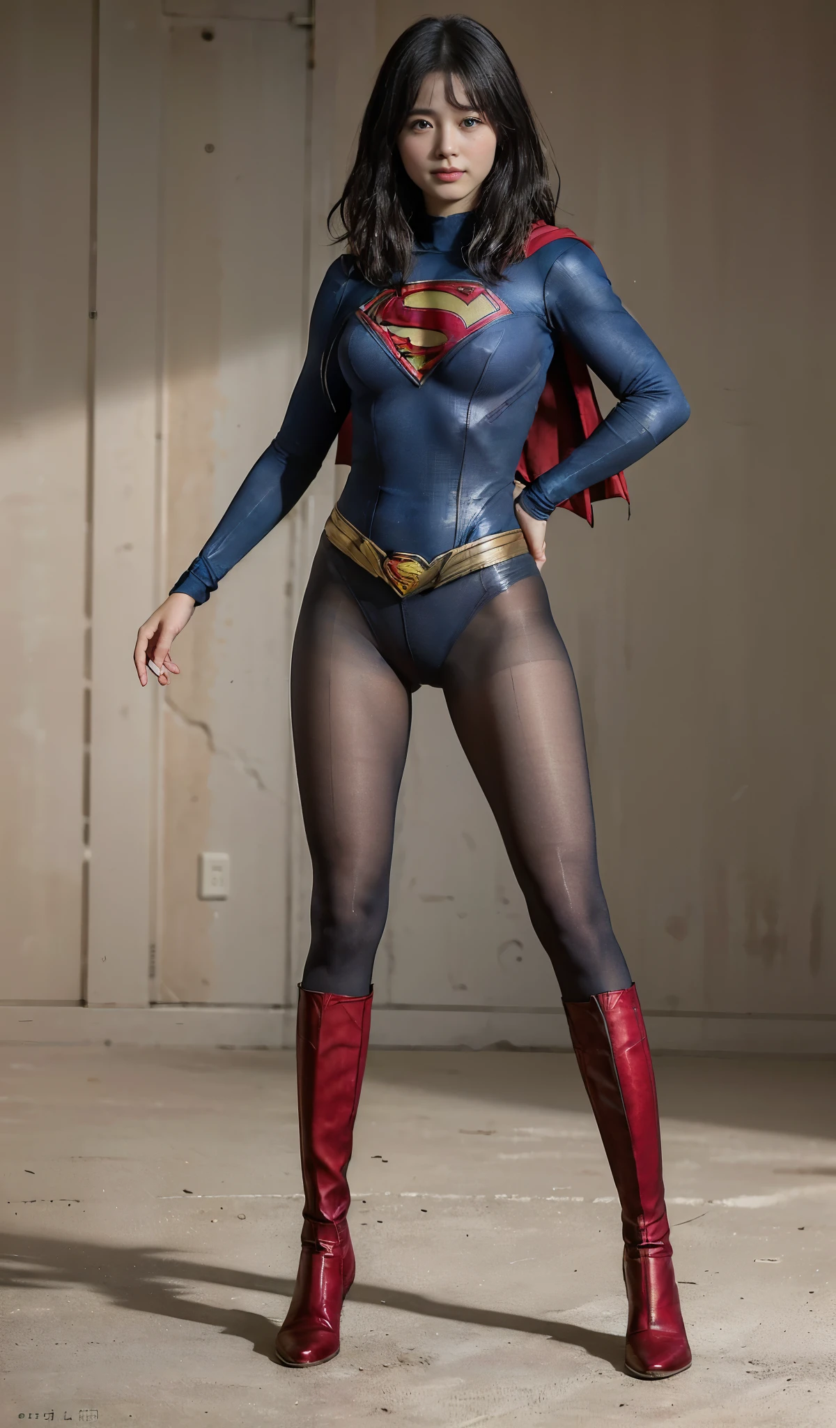 No background、She always has her mouth open、She always has a sad look on her face、Always close your eyes、(((Beautiful legs in black tights.)))、(((Stretch your legs、expensive、Showing a beautiful smile)))、((((Make the most of your original images)))、(((Supergirl Costume)))、(((Beautiful Short Hair)))、(((Suffering face)))、(((Black tights legs、Wear red boots)))、((Best image quality、8k))、((Highest quality、8k、masterpiece:1.3))、(((Preserve background )))、Sharp focus:1.2、Beautiful woman with perfect figure:1.4、Slim Abs:1.2、Wet body:1.5、Highly detailed face and skin texture、8k