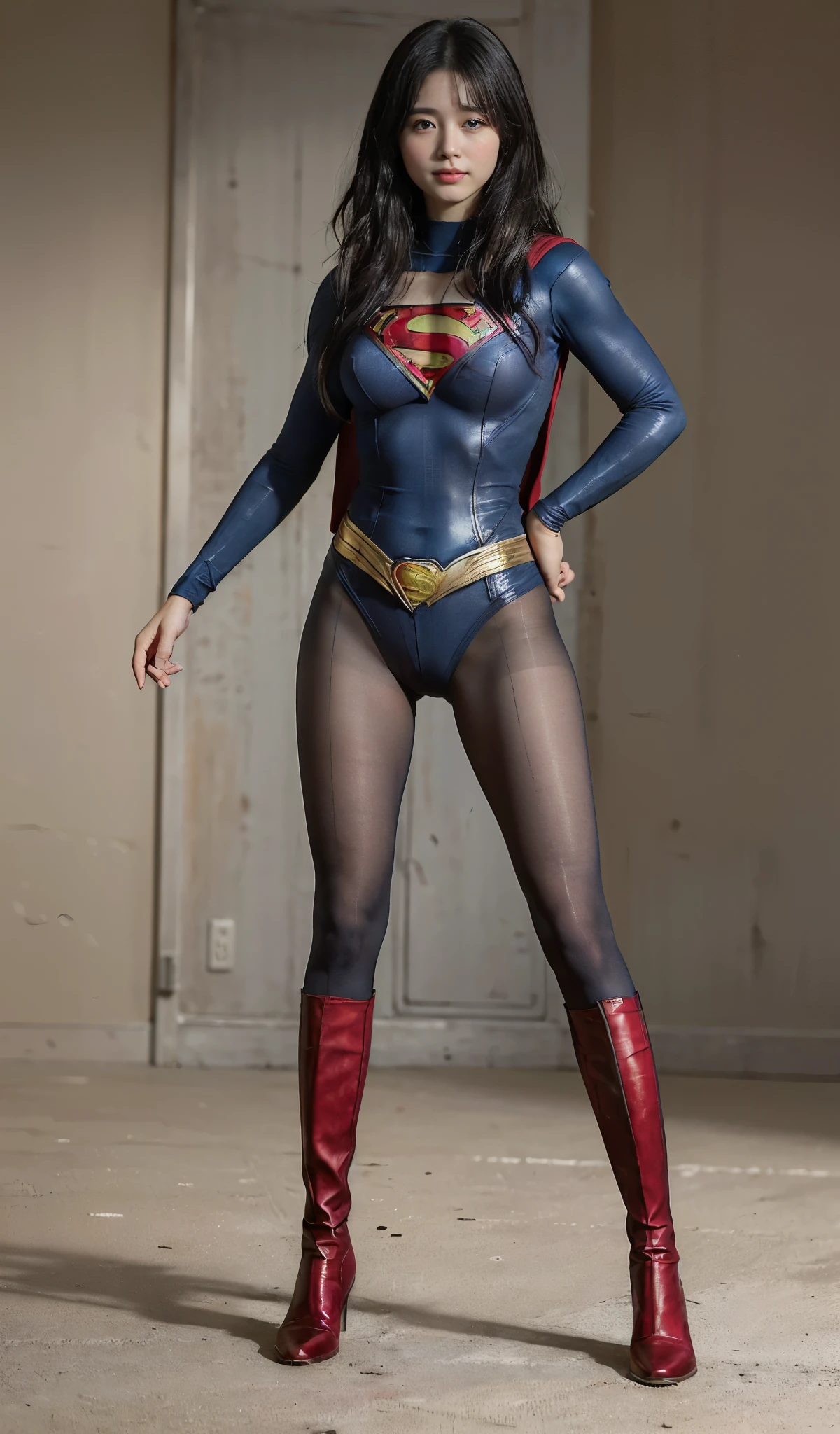 No background、She always has her mouth open、She always has a sad look on her face、Always close your eyes、(((Beautiful legs in black tights.)))、(((Stretch your legs、expensive、Showing a beautiful smile)))、((((Make the most of your original images)))、(((Supergirl Costume)))、(((Beautiful Short Hair)))、(((Suffering face)))、(((Black tights legs、Wear red boots)))、((Best image quality、8k))、((Highest quality、8k、masterpiece:1.3))、(((Preserve background )))、Sharp focus:1.2、Beautiful woman with perfect figure:1.4、Slim Abs:1.2、Wet body:1.5、Highly detailed face and skin texture、8k