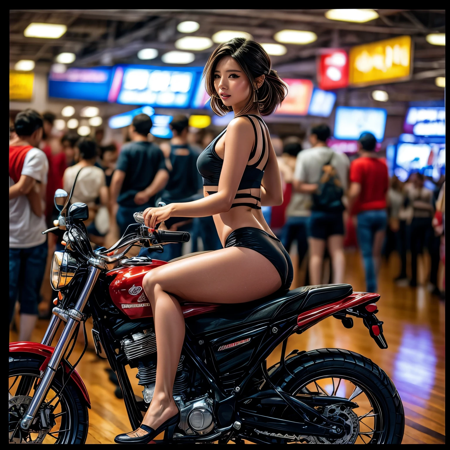 (ExtremelyDetailed((Song Joo A))) clearly visible the shape of Butt, Radiant Ivory Skin with Transparency, motor cycle event girls in sexy costume, Detailed Clothing texture, Full of (motor cycle) . (Full body shot:1.2),Ultra-detailed,grand scale,epic,zoomed out,wide angle. (ExtremelyDetailed Beautiful face) Dynamic Joyful Expressions LifeLike Rendering. (Exposed:0.59) PerfectLighting (TopQuality 8K(masterpiece(ProfessionalPhoto:1.37)))