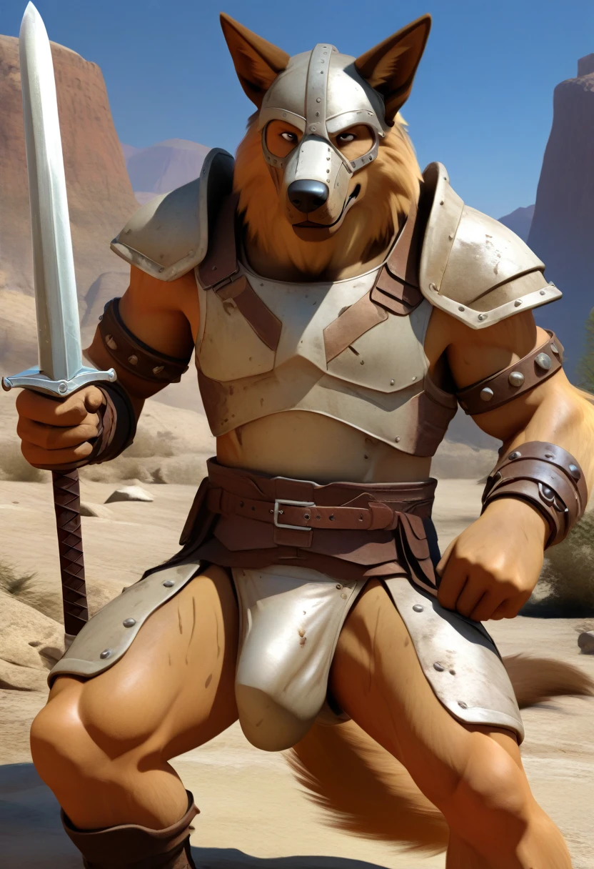 Solo Sexy anthro furry german shepherd male; ancient Mediterranean desert warrior; slim mesomorph handsome model apperance apperance; anthro muzzle head shape leather helmet mask with eye holes; anthro muzzle head shape leather helmet mask with eye holes, anthro muzzle head shape leather helmet mask with eye holes, sword scars; worn out rusty sexy skimpy armament. He has low on hips heavy leather studded heavy belt. he has narrow in the crotch very old worn out bulgy tigh jockstrap (smelly jockstrap fetish); His jockstrap it is made of old white worn out matte leather sewn together from a few pieces, it has never been washed, it is dirty and has stains from secretions of dried semen and sweat; His armor is old heavy brown harness with armlets studded with spikes;, he has old brown leather BFR Bands on Biceps and his thighs, he has old worn out fingerless leather gloves. His armor is in ruin, it is very very old and dirty, rusted, dirty, old worn out, rusty breastplate. Even though he is a handsome and sexy man, he has a sloppy appearance, has disheveled unwashed dirty fur, dirty body look. he smells, he has stains from old blood, dirst, cum, mud, smelly furr, disgusting bastard looking. He stands proudly bravely in the Mediterranean sunny pine forest; he stands upright, furious, with his sword raised in a ready-to-fight position, he holds a sword in his right paw, ready for incoming fight; he has a proud, threatening and defiant expression on his face, with little dirty dangerous smile; he has narrow in the crotch very old worn out bulgy tigh jockstrap (smelly jockstrap fetish); His jockstrap it is made of old white worn out matte leather sewn together from a few pieces, it has never been washed, it is dirty and has stains from secretions of dried semen and sweat;, he has narrow in the crotch very old worn out bulgy tigh jockstrap (smelly jockstrap fetish);