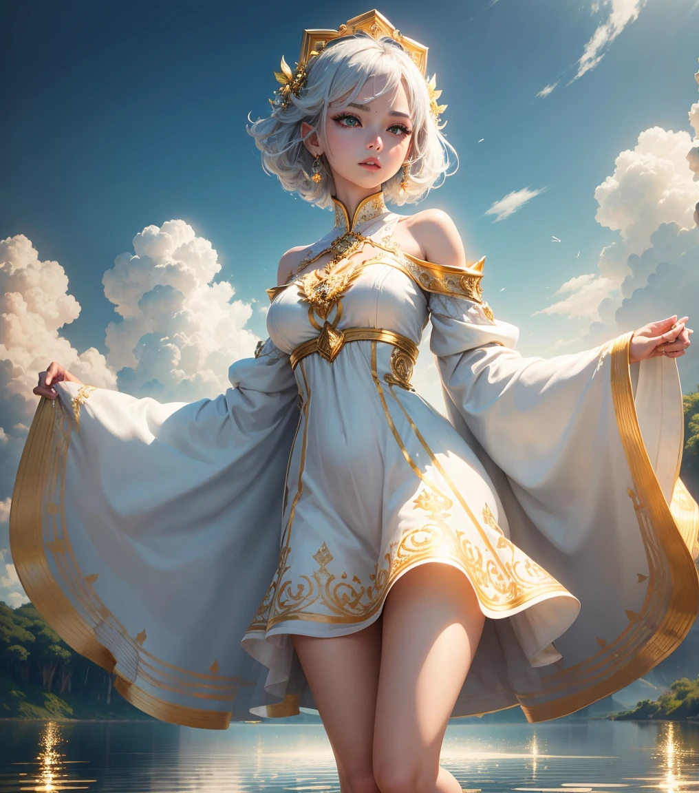 Goddess is an invincible masterpiece, Ultra photo realsisim, Perfect artwork, details Intricate, best qualityer, bright lights, hight contrast, White and gold dress with white and gold robes(machine:1.2)(tabletop) , (best qualityer) , (Highly detailed CG Unity 8k wallpapers) , (best character detail:1.36), wetlands, oppressive sky, white clouds , (delicate lines:1.24), ([Mirrors reflect water]:1.37) , (fancy) , cumulonimbus clouds , (The oppressive atmosphere of the host:1.14) , (cool light:1.2) , Color Splashes , colorfully, Esbian full body,White background, detailedeyes, gorgeous eyes, detailedeyeshadow, gold eyes, red lipgloss stick, wariza, hair ornaments, simple background, cube hair ornament,short gray hair, 1woman, high qualiy　real looking skin　超High resolution