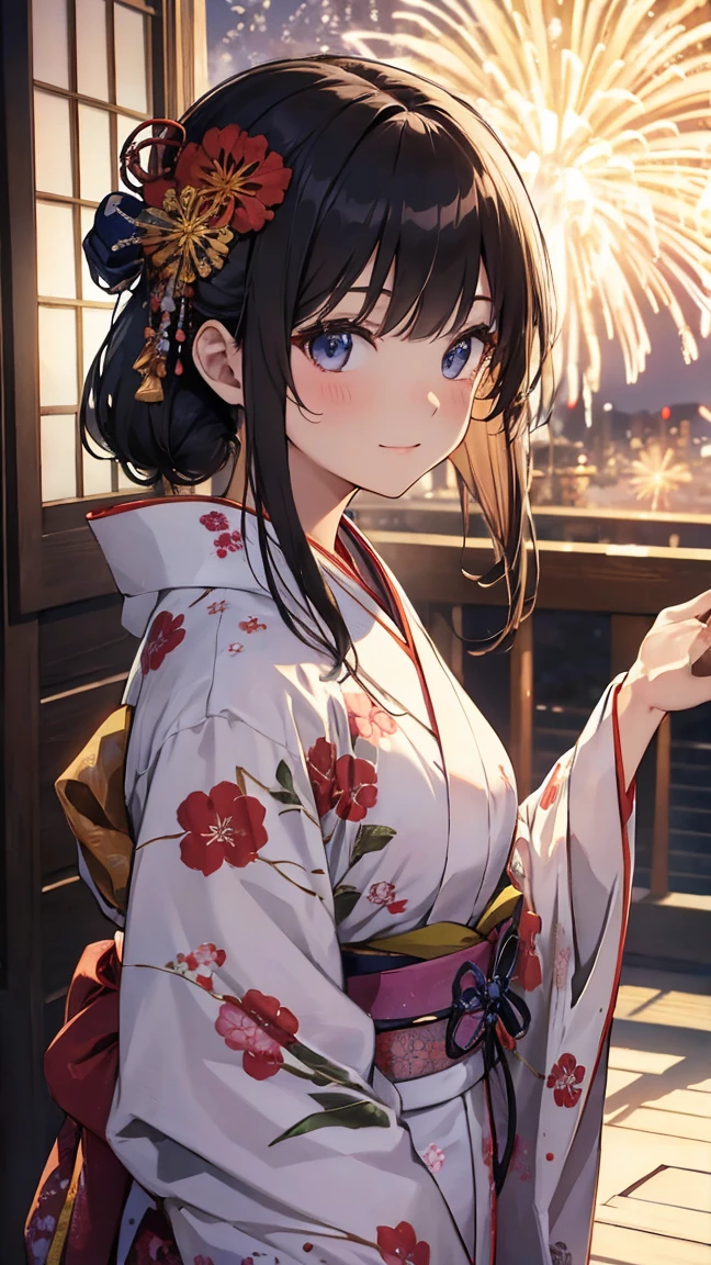 (Masterpiece of、Highest quality:1.2)、Ultra-detailed、Cinematic lighting、(((Beautiful woman looking up at fireworks)))、Laughter、A woman wearing a kimono, Bathrobes, Elegant yukata, Wearing a colorful yukata, In kimono, wear Kimono, Japanese Kimono, In kimono, generally, wearing a haori, Morning glory pattern yukata, Japanese Style, wear Kimono,