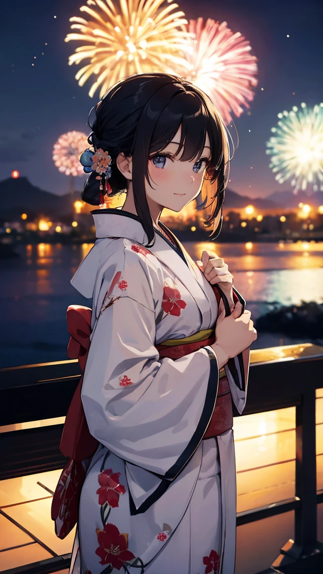 (Masterpiece of、Highest quality:1.2)、Ultra-detailed、Cinematic lighting、(((Beautiful woman looking up at fireworks)))、Laughter、A woman wearing a kimono, Bathrobes, Elegant yukata, Wearing a colorful yukata, In kimono, wear Kimono, Japanese Kimono, In kimono, generally, wearing a haori, Morning glory pattern yukata, Japanese Style, wear Kimono,